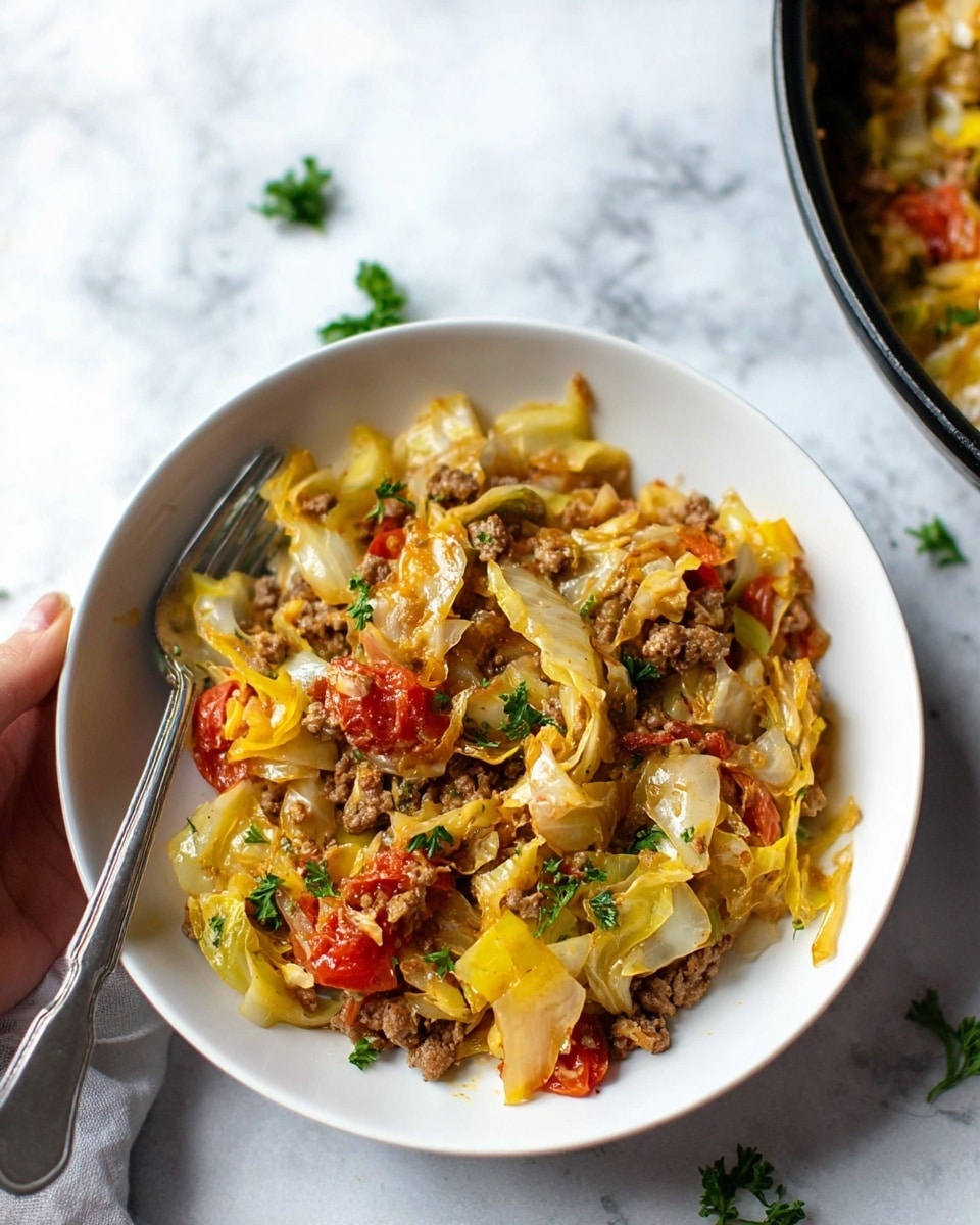 A white bowl filled with a cooked mixture showing about three main layers: a base of soft, lightly browned cabbage pieces in pale yellow and light green, a middle layer of crumbled brown ground meat mixed with bright red tomato chunks and small yellow bell pepper pieces, and melted cheese scattered on top, giving a gooey, shiny texture; green parsley leaves are spread throughout the dish for a fresh touch, and a silver fork is resting inside the bowl with a woman's hand lightly holding it; the background is a white marbled surface with a black pan partially visible at the top right corner, showing more of the same dish inside. photo taken with an iphone --ar 4:5 --v 7