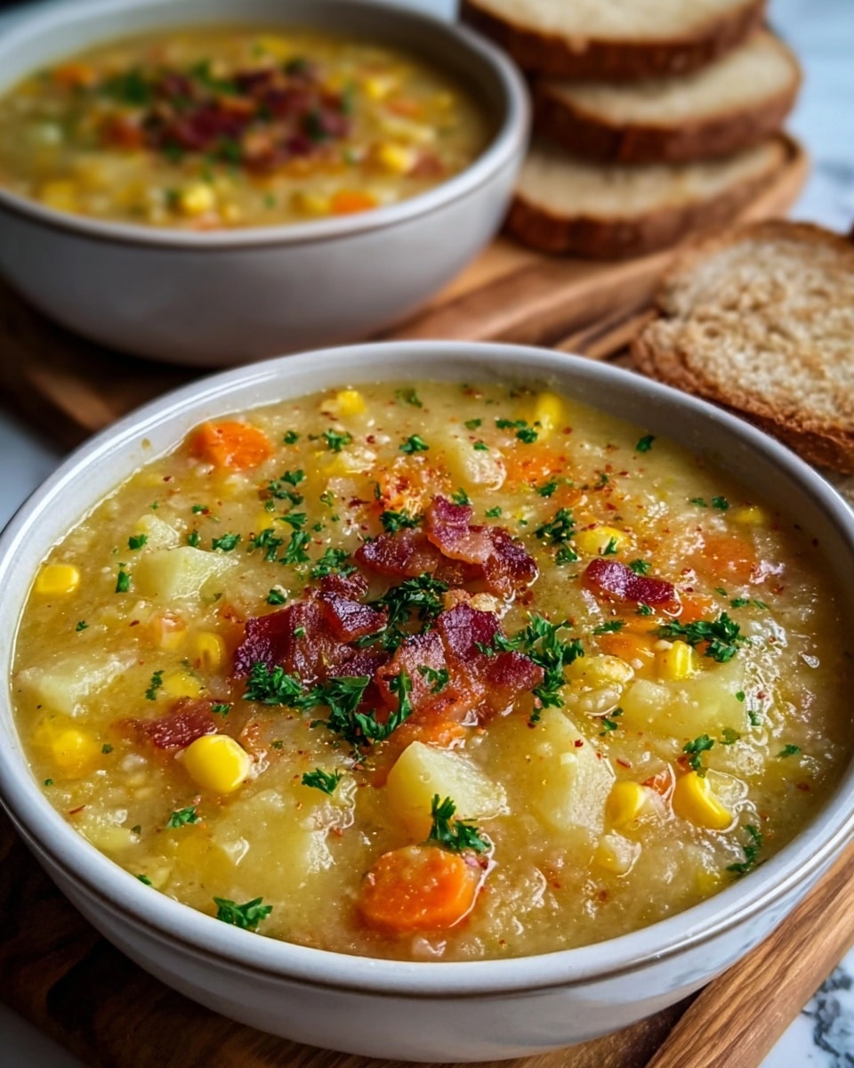 A white bowl filled with thick corn chowder that shows chunks of yellow corn, soft potatoes, and green herbs mixed throughout. On top of the soup, there is a sprinkle of finely chopped green parsley and some small pieces of crispy bacon. The bowl is placed on a white marbled surface, and in the background, there is a slice of toasted bread resting on a white plate. The lighting is soft, making the soup look warm and comforting. Photo taken with an iphone --ar 4:5 --v 7