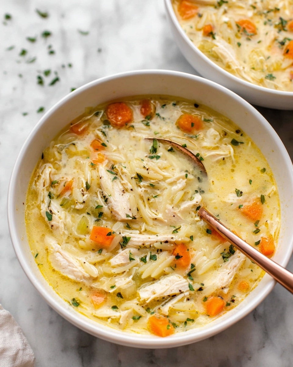 The image shows a white bowl filled with creamy chicken soup, containing visible pieces of shredded white chicken, small orange carrot cubes, and light green celery bits mixed with orzo pasta in a thick yellowish broth. There are small green herb sprinkles scattered on the surface of the soup. A rose gold spoon rests inside the bowl toward the right, partially submerged in the soup, with some broth and carrot pieces in it. In the background, there is another white bowl with the same soup. The bowls sit on a white marbled surface. photo taken with an iphone --ar 4:5 --v 7