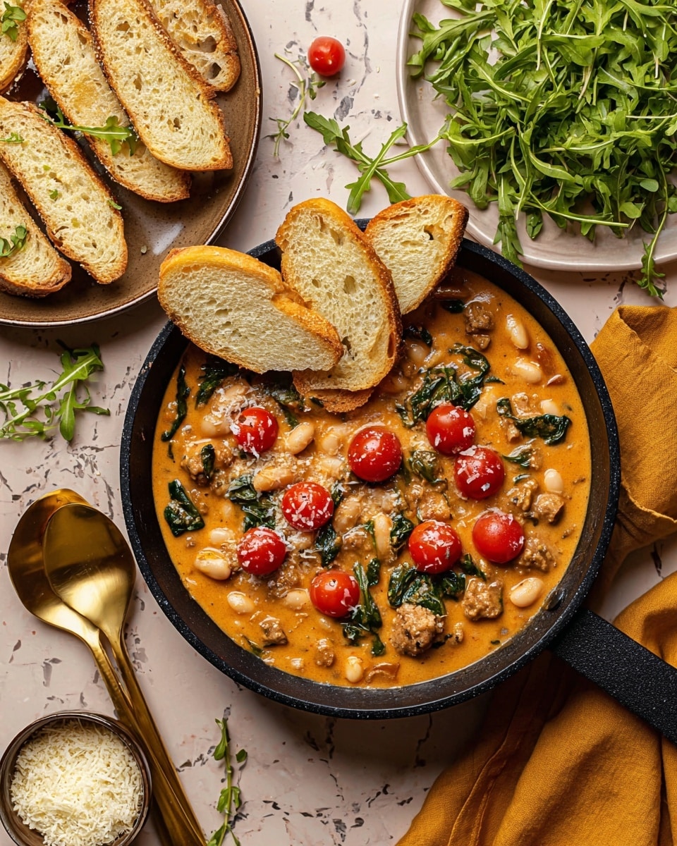 The image shows a black skillet filled with creamy orange bean stew mixed with white beans, dark green spinach, small red cherry tomatoes, and pieces of browned meat. On top and around the stew, there are three slices of toasted bread with a light golden crust and green herbs. The skillet is on a white marbled surface with some small green leaves scattered around. Nearby, a white bowl with grated cheese, a white plate holding fresh green leafy arugula, a brass spoon and fork resting on a brown cloth napkin, and a sliced white baguette are arranged around the skillet. The overall look is warm and inviting with rich colors and textures. Photo taken with an iphone --ar 4:5 --v 7