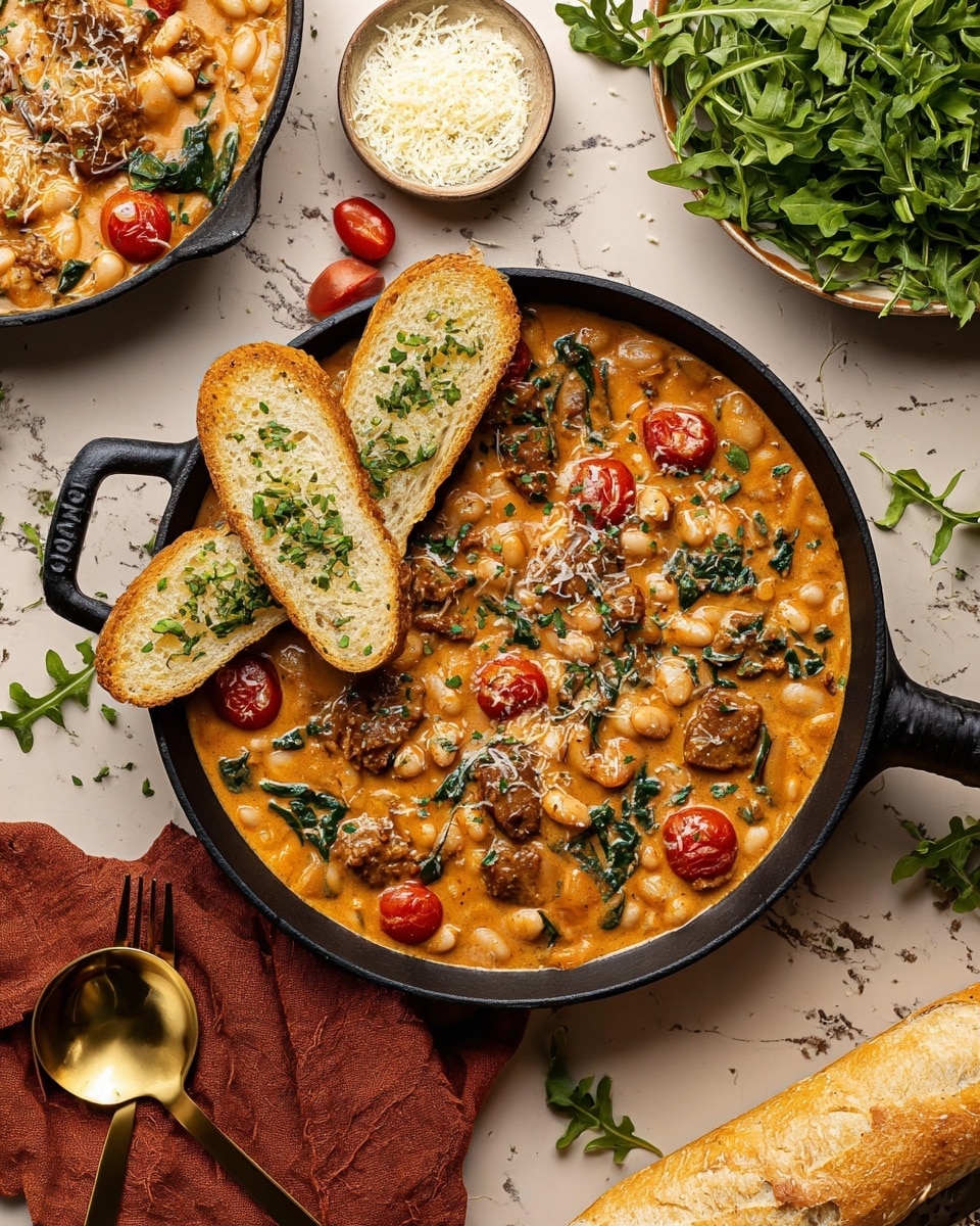 A black pan filled with creamy orange-colored stew made from white beans, wilted green spinach, and browned chunks of meat, topped with bright red cherry tomatoes scattered on top; three slices of toasted baguette with a light golden crust rest on the stew’s edge, slightly soaking in the sauce. To the side, pieces of baguette are sliced diagonally on a white marbled surface, with fresh green leafy arugula on a small white plate, and a small round bowl of grated cheese nearby. Some fresh green microgreens are scattered around the scene with a golden fork and spoon resting on a beige cloth. photo taken with an iphone --ar 4:5 --v 7