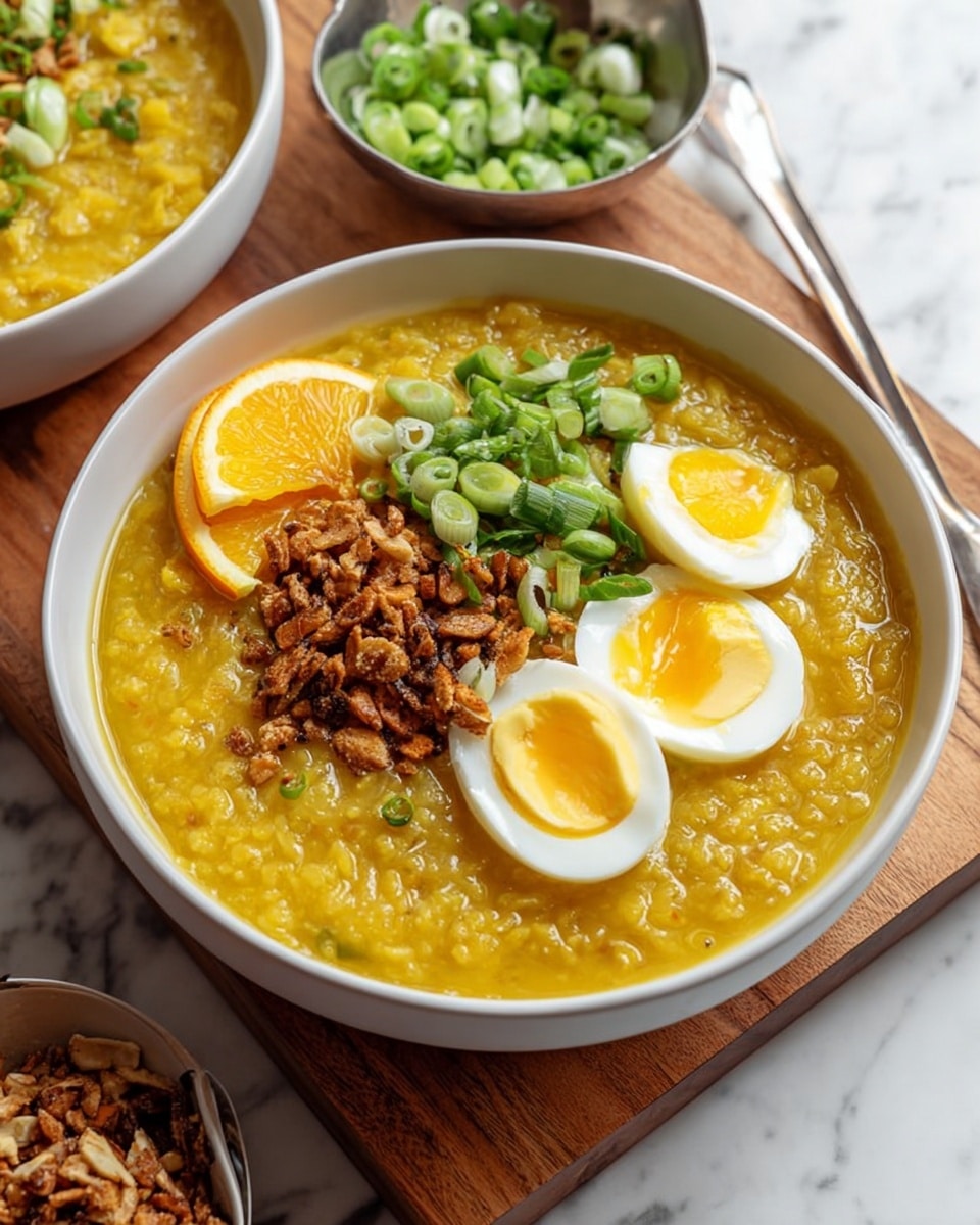 The image shows a close-up of a white bowl filled with a thick, yellow soup that has a slightly grainy texture, suggesting a blend of lentils or grains. On top of the soup, there is a halved hard-boiled egg with a bright yellow yolk in the center and white edges, placed near the back right side of the bowl. To the left of the egg, there is a pile of crunchy golden-brown topping, possibly fried onions or nuts. Near the front of the bowl, a small cluster of fresh, bright green sliced scallions rests on the soup's surface. A thin slice of lemon with a light yellow and orange peel is tucked into the right side of the bowl next to the egg. In the background, there is a wooden board with additional garnishes, including another half of a hard-boiled egg, a white bowl of sliced scallions, and a small container of more crunchy toppings. The whole scene is set on a white marbled surface. photo taken with an iphone --ar 4:5 --v 7