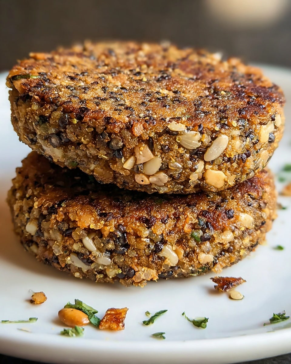 Two thick round patties are stacked on a white plate, with a visible mix of cooked grains and nuts making up their textured layers. The patties have a golden-brown crust from being fried, showing some small pieces of mushrooms and seeds inside. Small green herb bits and crumbs are scattered around the plate. The background shows a blurred white marbled surface. photo taken with an iphone --ar 4:5 --v 7