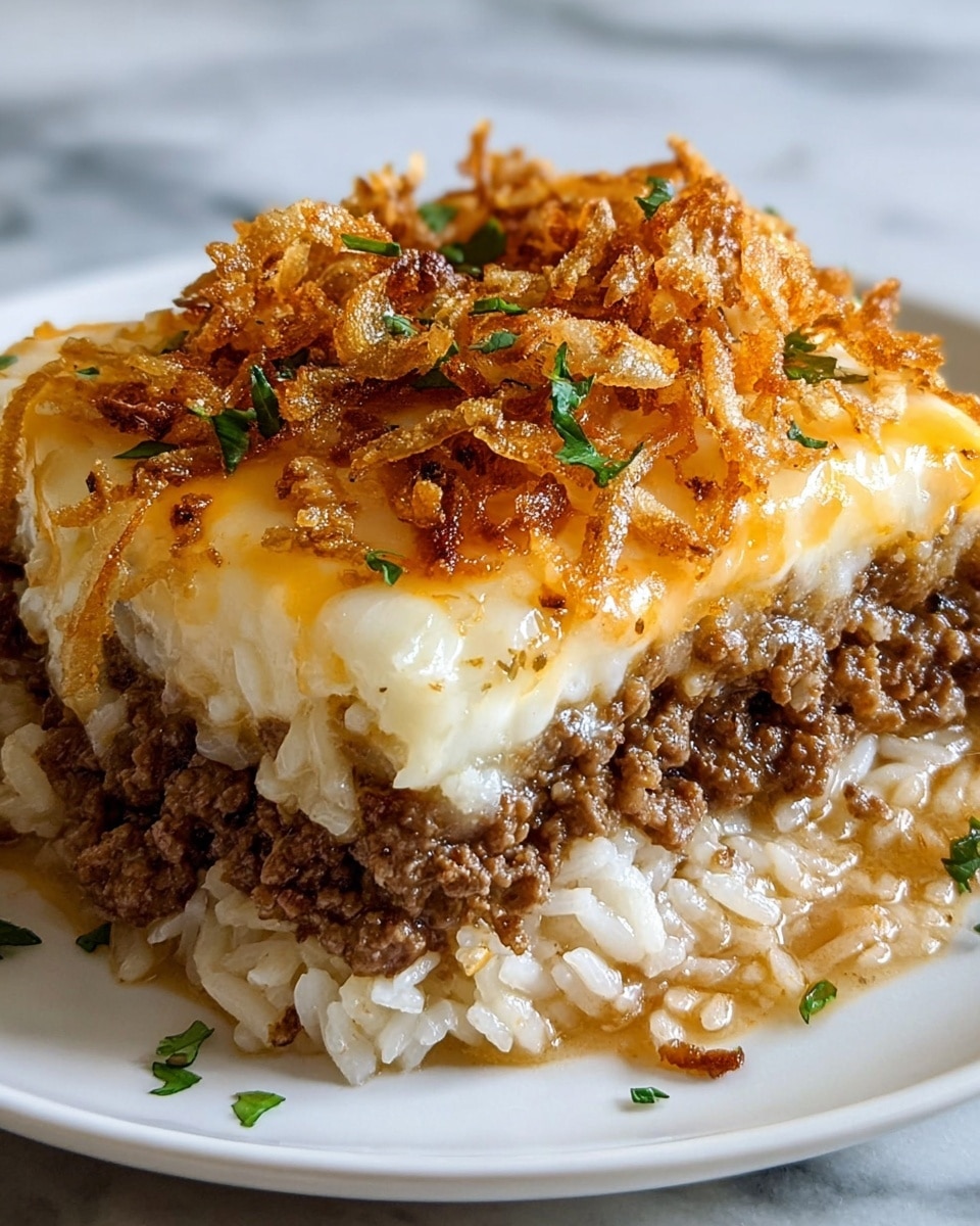 A close-up view of a three-layer dish on a white plate set against a white marbled surface. The bottom layer is a bed of soft, cooked white rice with a slightly glossy texture. The middle layer consists of browned ground meat with small bits of onion mixed in, giving it a rich, dense look. The top layer is covered with melted cheese that is smooth and creamy, with golden-brown fried onions scattered over it, adding a crispy texture. Small green herb pieces are sprinkled on top as garnish, enhancing the dish’s visual appeal. Photo taken with an iphone --ar 4:5 --v 7