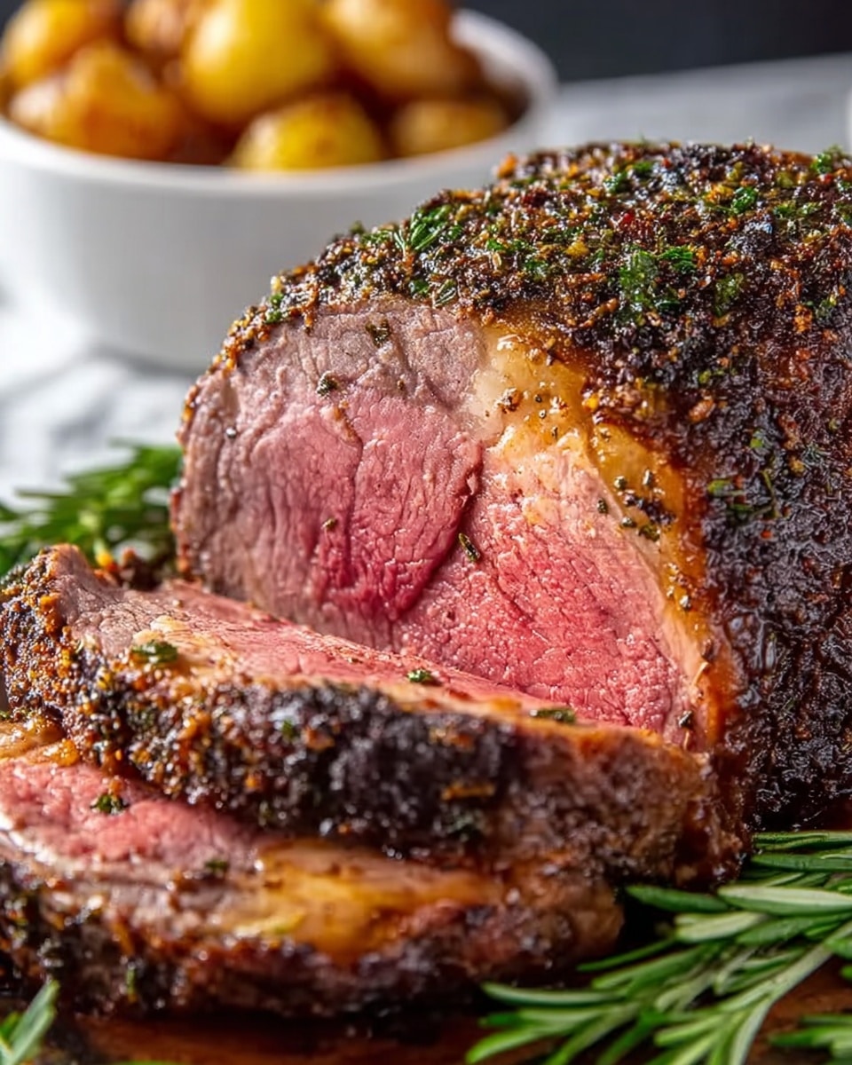 The image shows a close-up of a thick roast beef with a dark, crispy crust covered with herbs and spices. The roast beef is sliced, revealing a pink, juicy inside with a gradient of colors from deep pink in the center to light brown near the edges. Some rosemary sprigs are placed around the meat, adding green to the scene. In the background, there are blurred roasted potatoes in a white bowl on a white marbled surface. photo taken with an iphone --ar 4:5 --v 7