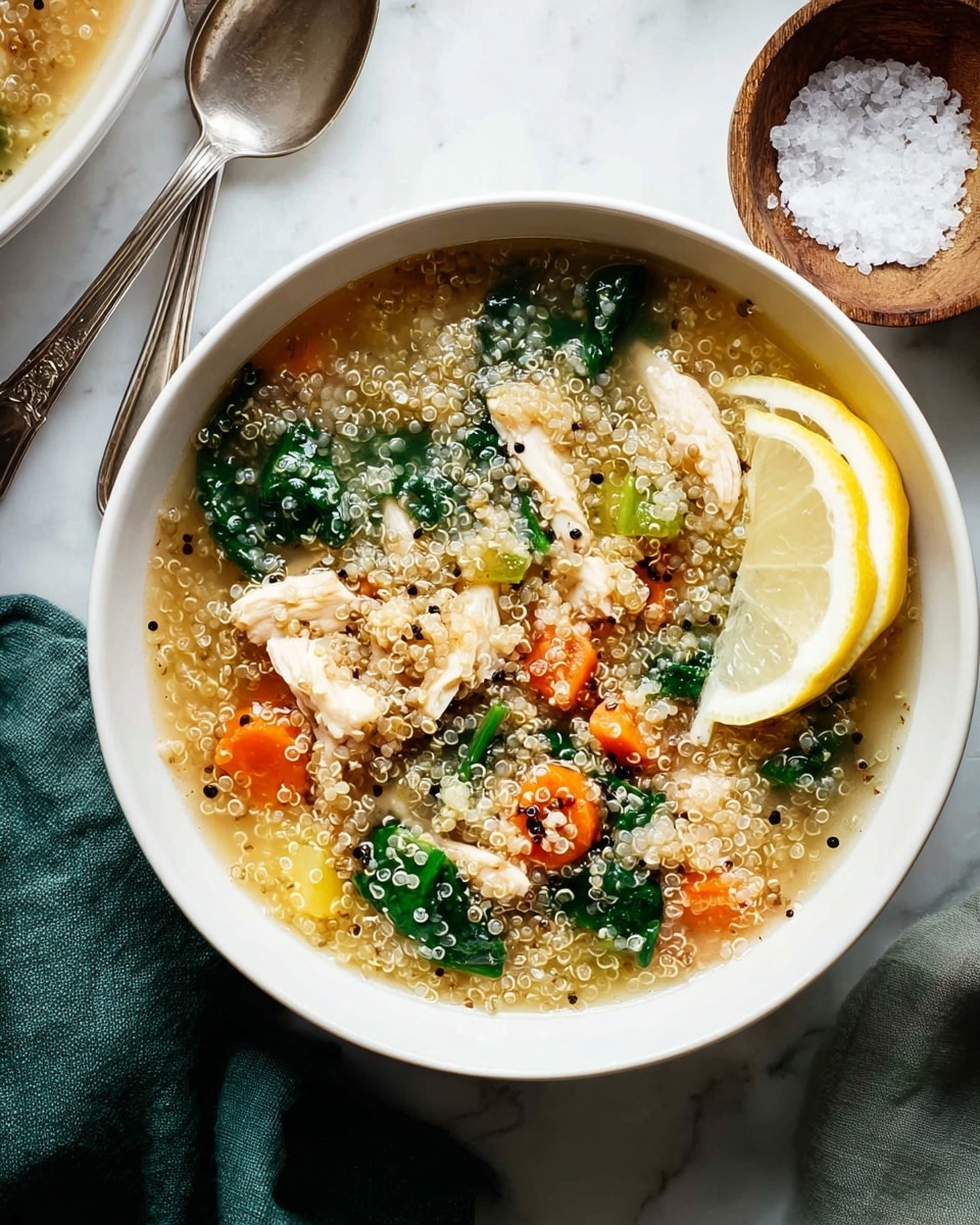 A white bowl filled with a clear broth soup containing multiple layers: a base of small, light-colored quinoa grains, scattered chunks of white, cooked chicken, bright orange carrot pieces, and dark green spinach leaves mixed throughout. A fresh lemon wedge rests on the right side inside the bowl. The bowl is placed on a white marbled surface, beside a vintage silver spoon on the left and a green cloth napkin on the right. A small wooden bowl filled with coarse salt sits in the upper right corner. Photo taken with an iphone --ar 4:5 --v 7