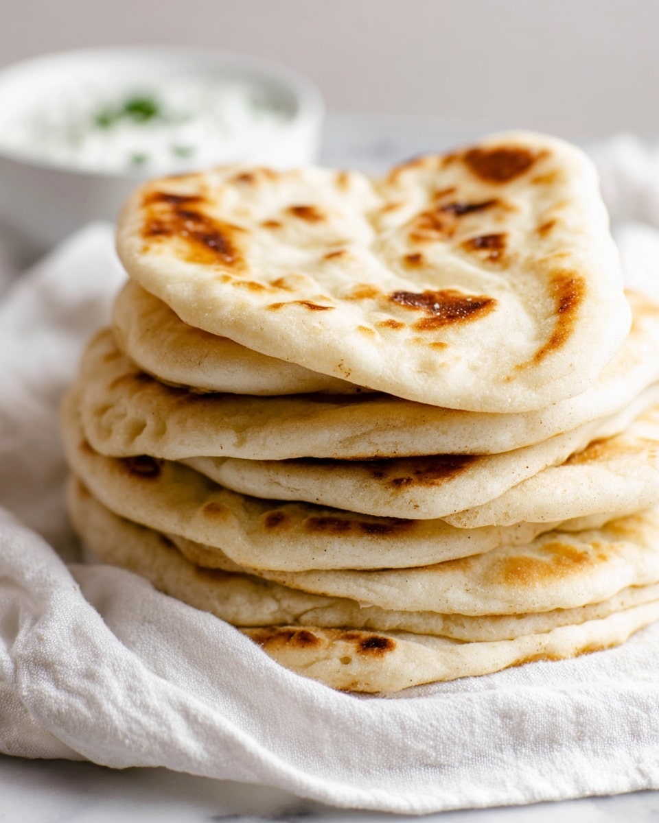 The image shows three layers of round, light beige flatbreads with golden brown spots, stacked inside a basket lined with a white cloth. One piece of flatbread is broken into smaller pieces and placed on a white marbled surface to the left and right of the basket. Next to the basket, there is a small white bowl filled with a creamy white yogurt sauce mixed with green herb pieces and cucumber slices. A piece of flatbread is dipped into the sauce, held by a woman's hand, and a wooden spoon with some sauce rests on the surface near the bowl. Small green herb pieces are scattered around the setup. Photo taken with an iphone --ar 4:5 --v 7