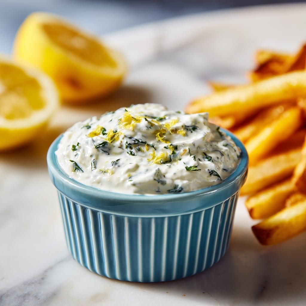 A white creamy sauce with visible small green herb pieces and chunks of white ingredients fills a navy blue ribbed ramekin to the brim, with the sauce slightly overflowing over the edges. In the blurred background, there are golden brown fries and a lemon slice resting on a white marbled surface. The image is closely focused on the sauce container, showing smooth and textured details of the sauce. photo taken with an iphone --ar 4:5 --v 7