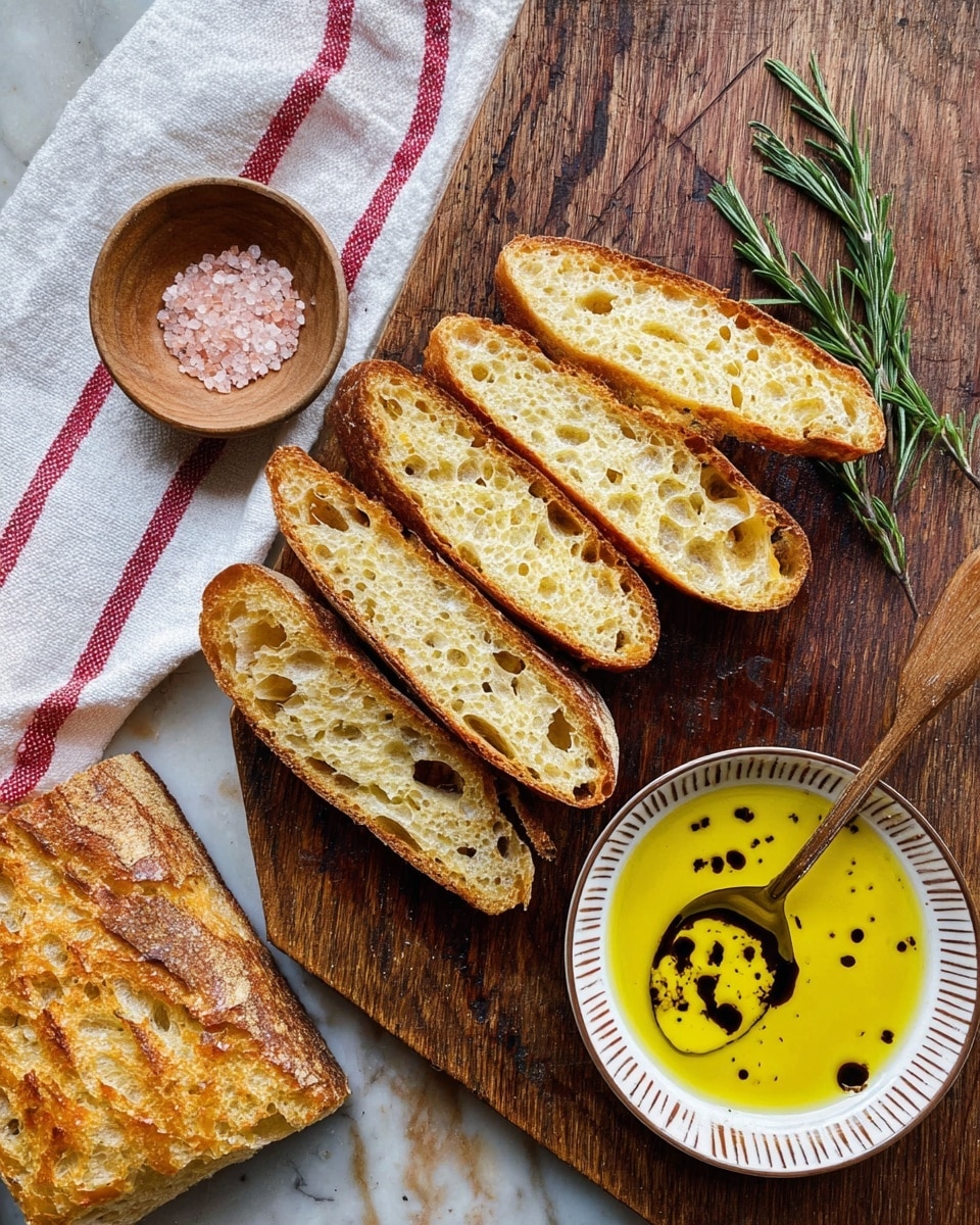 A wooden cutting board on a white marbled texture holds five long, thin slices of bread with a light golden crust and a soft, holey interior arranged in a slight fan shape. To the right of the slices is a small white bowl with brown lines around the rim, filled with yellow olive oil and dark balsamic vinegar swirled on top. Fresh green rosemary sprigs lay beside the bowl, and a small wooden bowl with pink salt and a tiny wooden spoon is placed on the left side of the board. In the bottom left corner, a thick piece of golden-brown focaccia bread with a slightly charred surface and rosemary is partially visible. A white cloth with red stripes is placed on the right side of the board. photo taken with an iphone --ar 4:5 --v 7