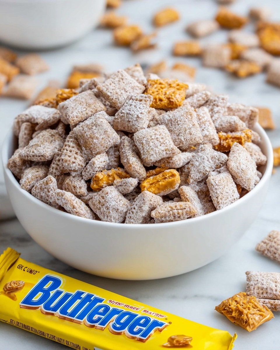 A white bowl is filled with small square cereal pieces coated in a light, powdery sugar layer that gives them a dusty texture. Mixed within the cereal are broken bits of crunchy peanut butter pieces that are orange-brown in color, adding contrast and rough texture. The bowl sits on a white marbled surface, with more cereal scattered casually around it. In the foreground, a bright yellow Butterfinger candy bar wrapper with blue and white text lies partially visible, adding a pop of color to the setting. Photo taken with an iphone --ar 4:5 --v 7
