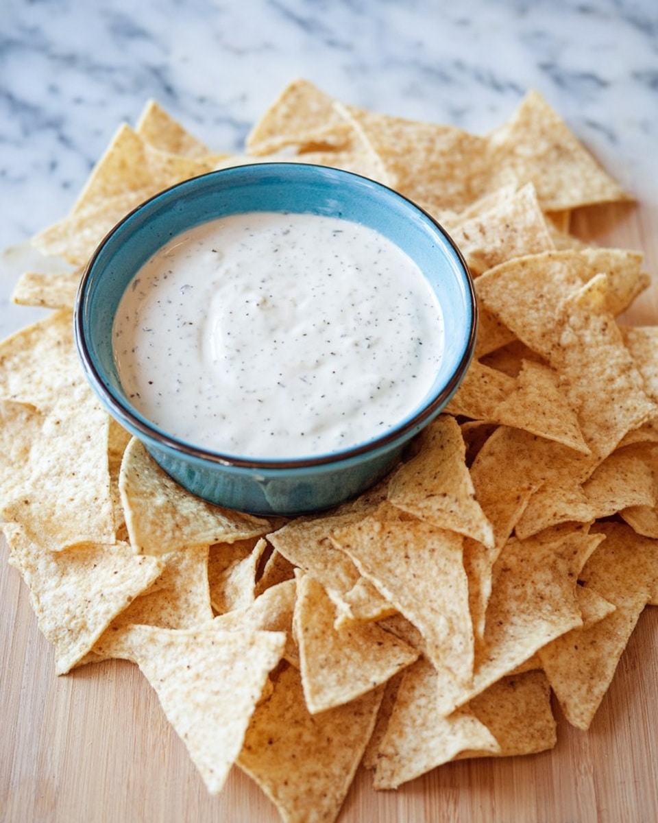 A close-up of a woman's hand dipping a triangular light beige corn chip with a rough texture into a bowl filled with creamy white cheese sauce that has a smooth and slightly thick consistency. The bowl is white with a light blue rim and is surrounded by many more similar corn chips spread out on a white marbled surface. The scene gives a warm and inviting feeling with the dip clinging to the chip. photo taken with an iphone --ar 4:5 --v 7