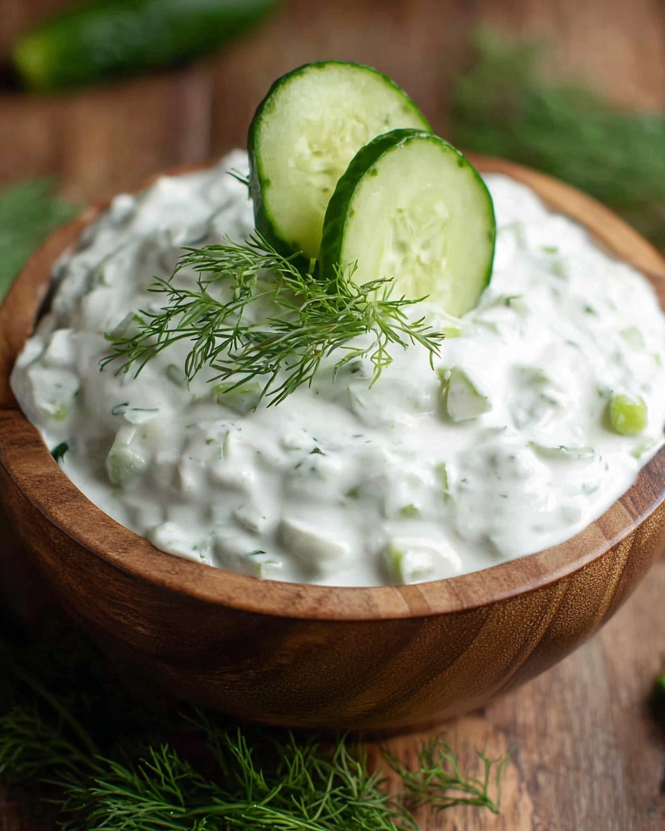 A bowl filled with a creamy white yogurt-based salad mixed with small green pieces of cucumber and herbs, giving a speckled texture, topped with two fresh, glossy cucumber slices placed side by side near the center and a small bunch of bright green dill leaves slightly behind them. The bowl is white with a natural wooden look visible on the outside, placed on a white marbled surface. The yogurt mixture looks thick and slightly uneven in texture, suggesting freshness. photo taken with an iphone --ar 4:5 --v 7