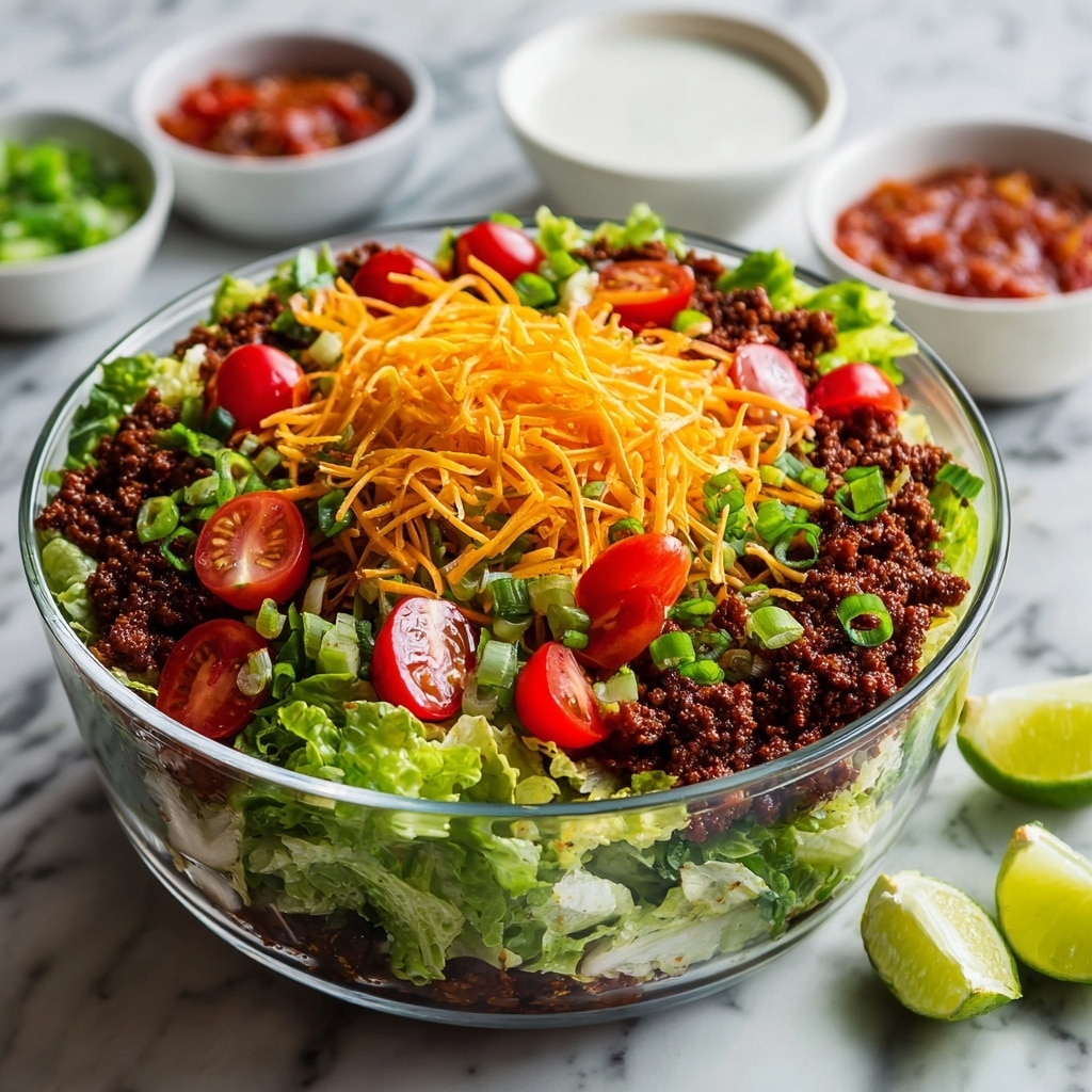 A clear glass bowl filled with a mixed salad shows several layers: the bottom layer is made of fresh green lettuce leaves, followed by a layer of cooked ground beef crumbles that are dark brown and crumbly in texture; on top are halved bright red cherry tomatoes and finely sliced green onions. Scattered over the salad is a layer of shredded orange cheddar cheese, adding a pop of color across the top. To the side on a white marbled surface are three lime wedges and some green onion slices, with two small white bowls containing red salsa and white creamy dressing partly visible in the background. The photo taken with an iphone --ar 4:5 --v 7