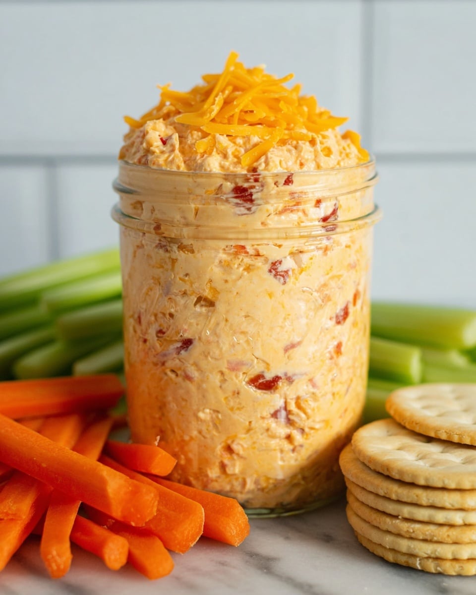 The image shows a clear glass jar filled nearly to the top with a thick, creamy orange cheese spread mixed with small bits of red, likely bacon or pepper. The spread is topped with a mound of shredded orange cheddar cheese. Around the jar, there are fresh, bright green celery sticks and vibrant orange carrot sticks on a white marbled surface, along with pale round crackers to the sides. The background features a white tiled wall. photo taken with an iphone --ar 4:5 --v 7
