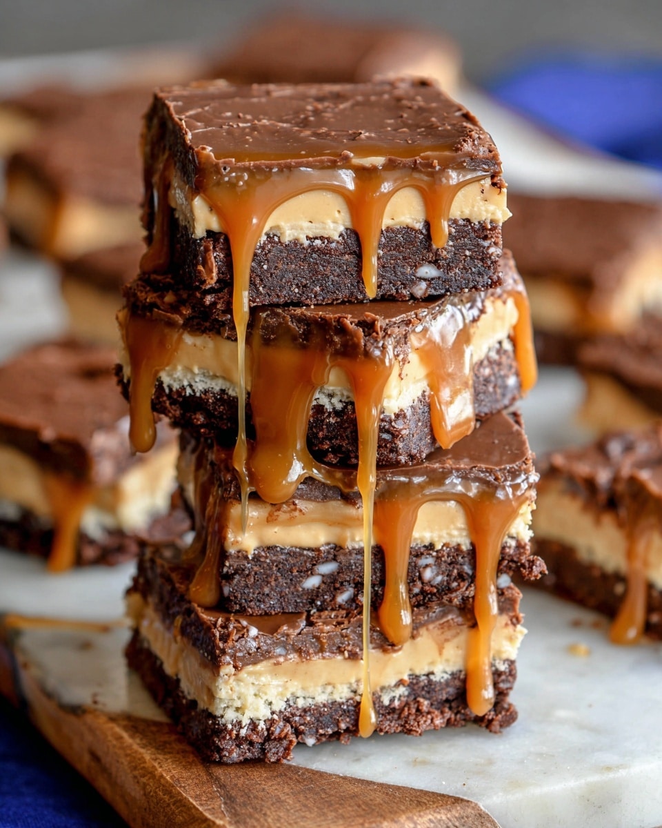 A close-up image of a stack of five rich dessert bars placed on a wooden board with a white marbled texture underneath. Each bar has three distinct layers: a dark chocolate brownie base with a slightly cracked texture, a thick creamy light tan peanut butter layer in the middle, and a glossy chocolate top layer with a smooth texture. Thick, gooey caramel sauce drips generously from the middle peanut butter layer over the edges, creating a visually indulgent effect. The background is softly blurred, highlighting the glossy caramel drips and textured chocolate layers in the front. Photo taken with an iphone --ar 4:5 --v 7