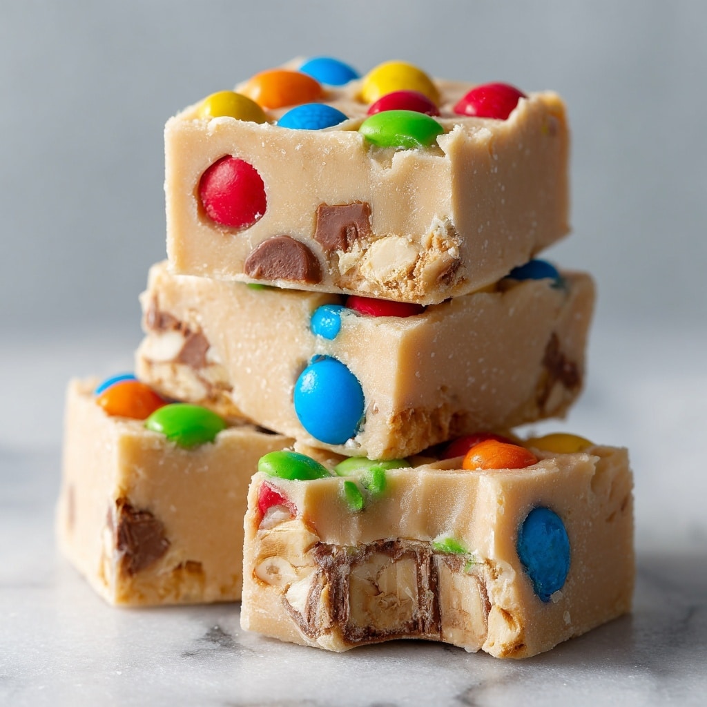 The image shows three square pieces of fudge stacked on a white marbled surface, with colorful candy-coated chocolates embedded on top of each piece. The fudge has a creamy light brown color with swirls of darker chocolate visible in the middle layers and edges. One piece on top reveals a caramel and nougat chocolate layer inside, while the other two pieces show rich chocolate swirls mixed in the light fudge base. Several loose blue, green, red, and yellow candies are scattered around the fudge pieces. In the background, a white plate holds more fudge squares, slightly blurred. Photo taken with an iphone --ar 4:5 --v 7