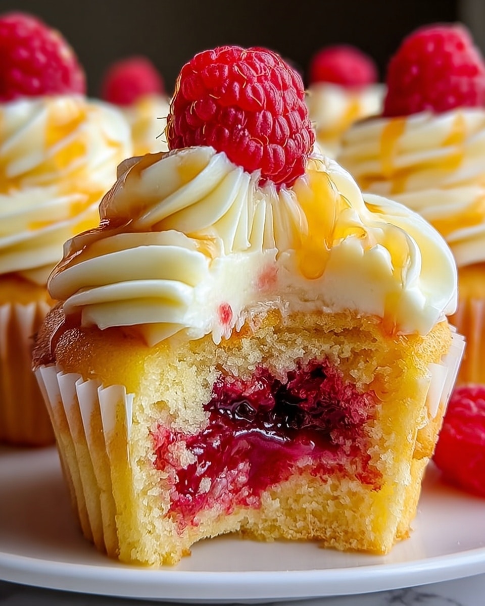 The image shows a close-up of a cupcake with three key layers. The base is a soft, golden yellow cake layer that looks moist and fluffy. The middle filling is a bright red berry jam with a slightly chunky texture, visible through a bite taken from the cupcake. The top layer is a thick swirl of creamy white frosting with a smooth and slightly glossy finish, drizzled with a light golden syrup that adds shine. On top of the frosting sits a fresh, red raspberry. The cupcakes are placed on a white plate, with a white marbled surface in the background. photo taken with an iphone --ar 4:5 --v 7