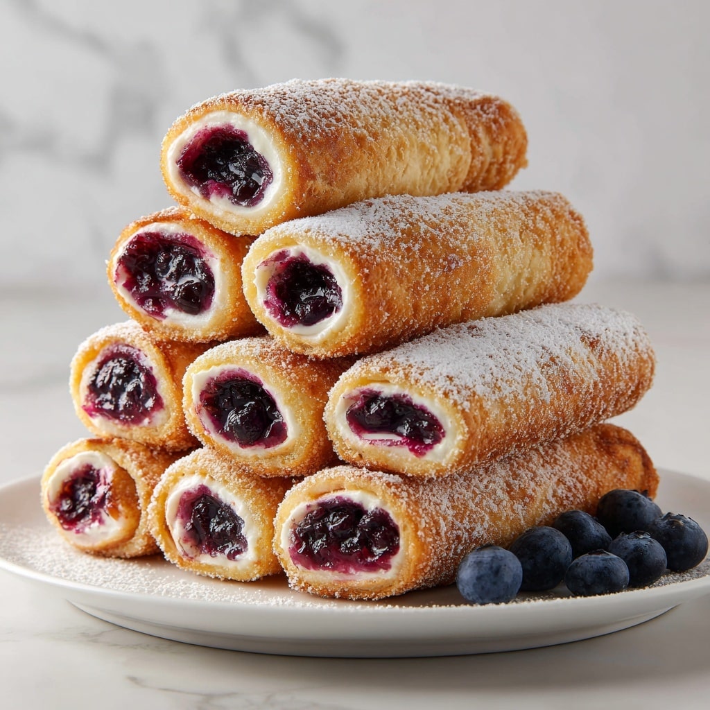 The image shows three golden-brown fried rolls with a crispy, bubbly outer layer. Two rolls are positioned side by side, and one is placed on top. The ends of the rolls are open, revealing a creamy white filling mixed with dark purple blueberries, which add a juicy and fresh look. The texture of the rolls contrasts with the smooth, soft cream and the plump, shiny blueberries peeking out. All the rolls rest on a white plate against a white marbled surface. photo taken with an iphone --ar 4:5 --v 7