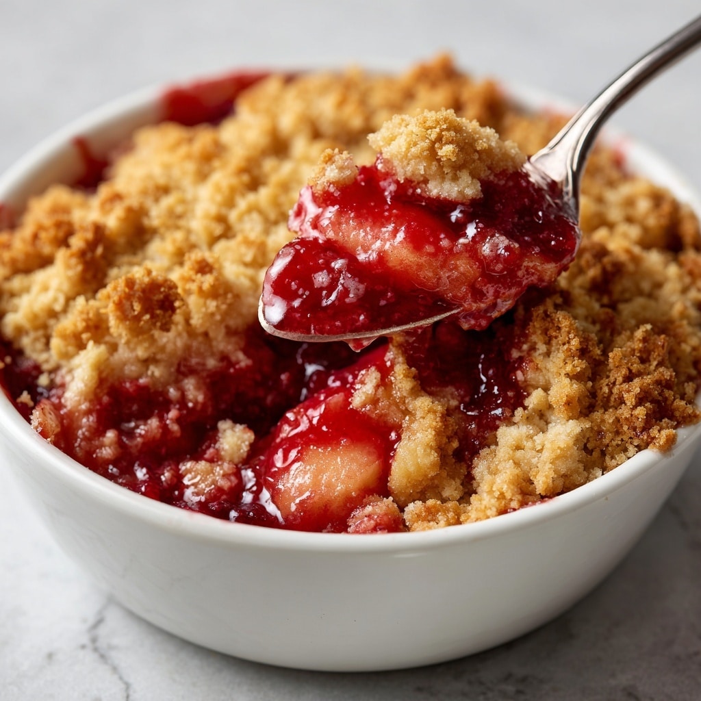 The image shows a small white round bowl filled with a warm fruit crumble. The base layer is a rich red cherry filling with visible whole cherries and syrup. On top, there is a thick golden crumbly crust with a rough texture and uneven chunks covering most of the fruit. Next to the bowl, there is a silver spoon and part of a white cloth visible on a white marbled surface. The overall look is cozy and inviting, with a focus on the mix of bright red fruit and the golden brown crumble. Photo taken with an iphone --ar 4:5 --v 7