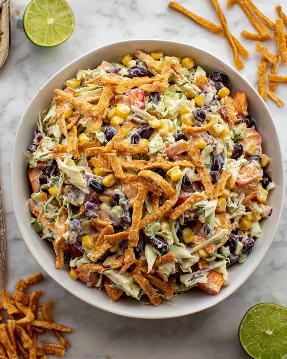 The image shows a close-up view of a bowl filled with a colorful salad. The salad has several layers: shredded white cabbage and purple cabbage mixed with black beans, yellow corn kernels, small chopped red tomatoes, and green jalapeño pieces. Scattered throughout are many orange, crunchy, chip-like pieces with a slightly rough texture. The salad's colors are bright and fresh, with a creamy dressing lightly coating all ingredients. The white bowl stands on a white marbled surface, with a halved lime and a small white bowl of sauce blurred in the background. photo taken with an iphone --ar 4:5 --v 7