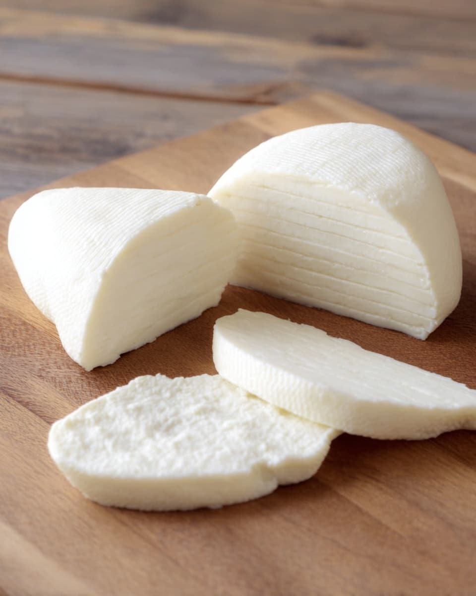 A smooth, white block of soft cheese rests on a wooden cutting board with visible light and dark stripes. Next to the main block, there are five thick slices cut from it, each showing a creamy, soft texture inside. The cheese has a moist and slightly shiny surface, with clean, even edges on the slices. The background features a white marbled texture, and there is a small colorful logo in the bottom right corner. photo taken with an iphone --ar 4:5 --v 7