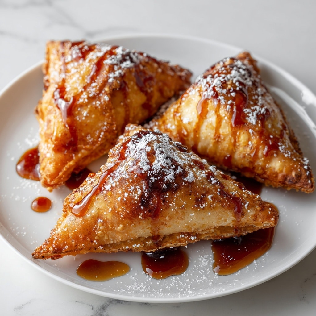 The image shows six golden brown samosas with a crispy, bubbly texture on a white square plate. The samosas are arranged in two rows and have a triangular shape with sharp edges and a slightly puffed, oily surface. A sprig of fresh green mint is placed on one corner of the plate for decoration. In the background, there is a small white bowl filled with reddish-brown chutney and a red cloth with soft folds. The surface below the plate is white with a marbled texture. photo taken with an iphone --ar 4:5 --v 7