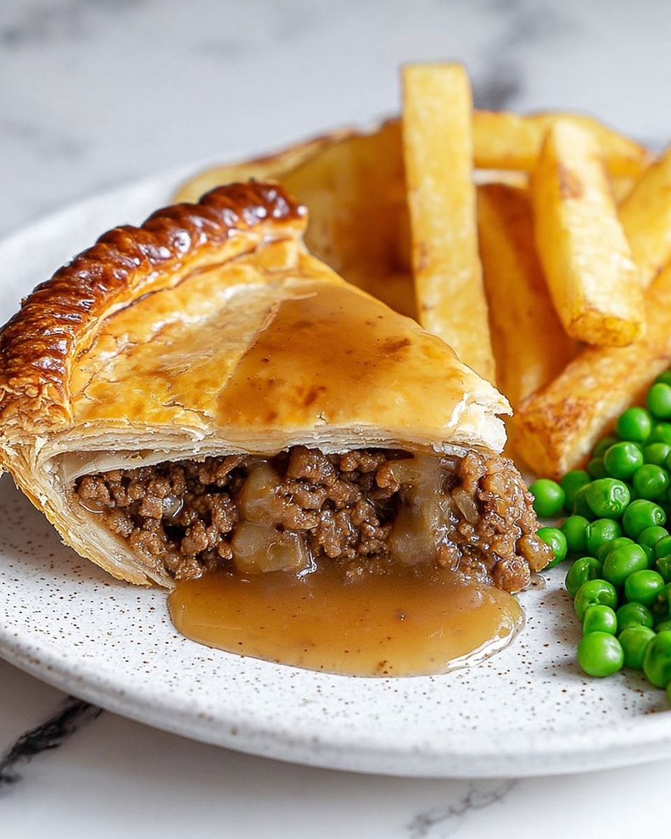 A round meat pie with a golden brown, shiny lattice crust on top sits on a white plate. The crust has a slightly rough texture with crisp edges, and inside, the filling is dark brown ground meat visible where a large slice has been cut out, showing the thick, packed meat layer resting on a firm, light golden bottom crust. The background is a white marbled surface. Photo taken with an iphone --ar 4:5 --v 7