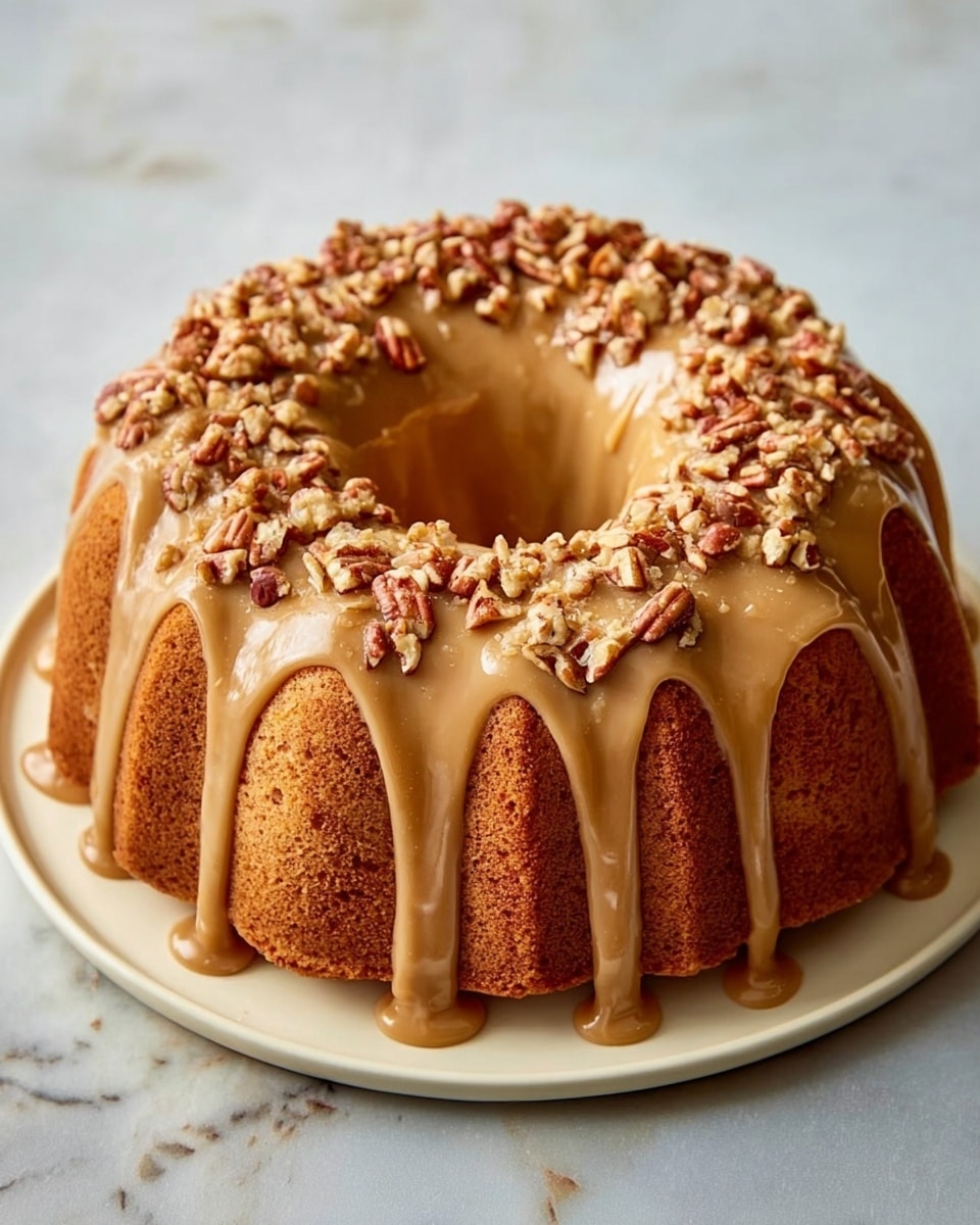 A single-layer bundt cake with a light brown color and a soft, smooth texture sits on a white plate. It is topped with a thick, caramel-colored glaze that drips slightly down the sides, and sprinkled with a generous amount of chopped pecans spread evenly over the glaze. The scene is set on a white marbled texture background. photo taken with an iphone --ar 4:5 --v 7