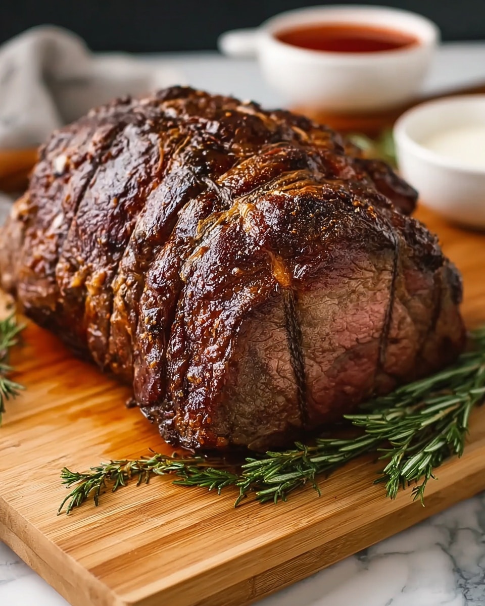 A large piece of roast beef with a dark brown, crispy outside crust sits on a light brown wooden cutting board, showing its juicy texture and slight marbling on the cut end. The roast has tied sections and visible char marks along the surface. Two sprigs of fresh green rosemary lay beside the meat on the board. In the blurred background, two white bowls containing red and white sauces are partially visible. The scene is set against a white marbled texture. photo taken with an iphone --ar 4:5 --v 7