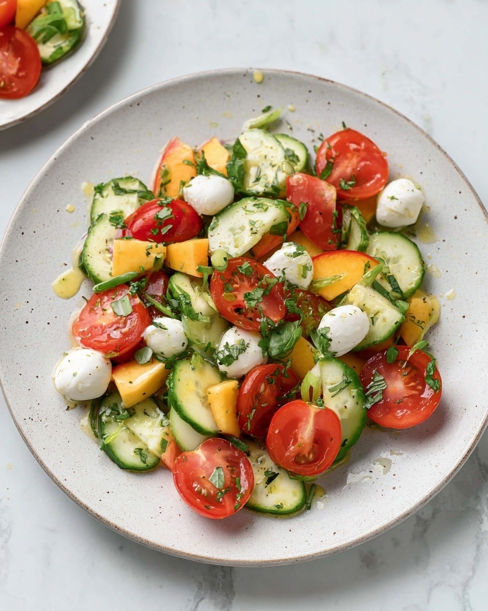 A fresh salad on a white plate with a speckled texture, showing three main layers: bright red cherry tomato halves with a shiny, juicy surface; green cucumber slices with a slightly translucent center and dark green edges; and small white mozzarella balls scattered evenly throughout. There are also small chunks of yellow peach adding a soft texture and a touch of warmth. Fresh chopped green herbs are sprinkled over the salad, and there are visible drops of a light dressing giving a slight gloss. The plate sits on a white marbled surface. photo taken with an iphone --ar 4:5 --v 7