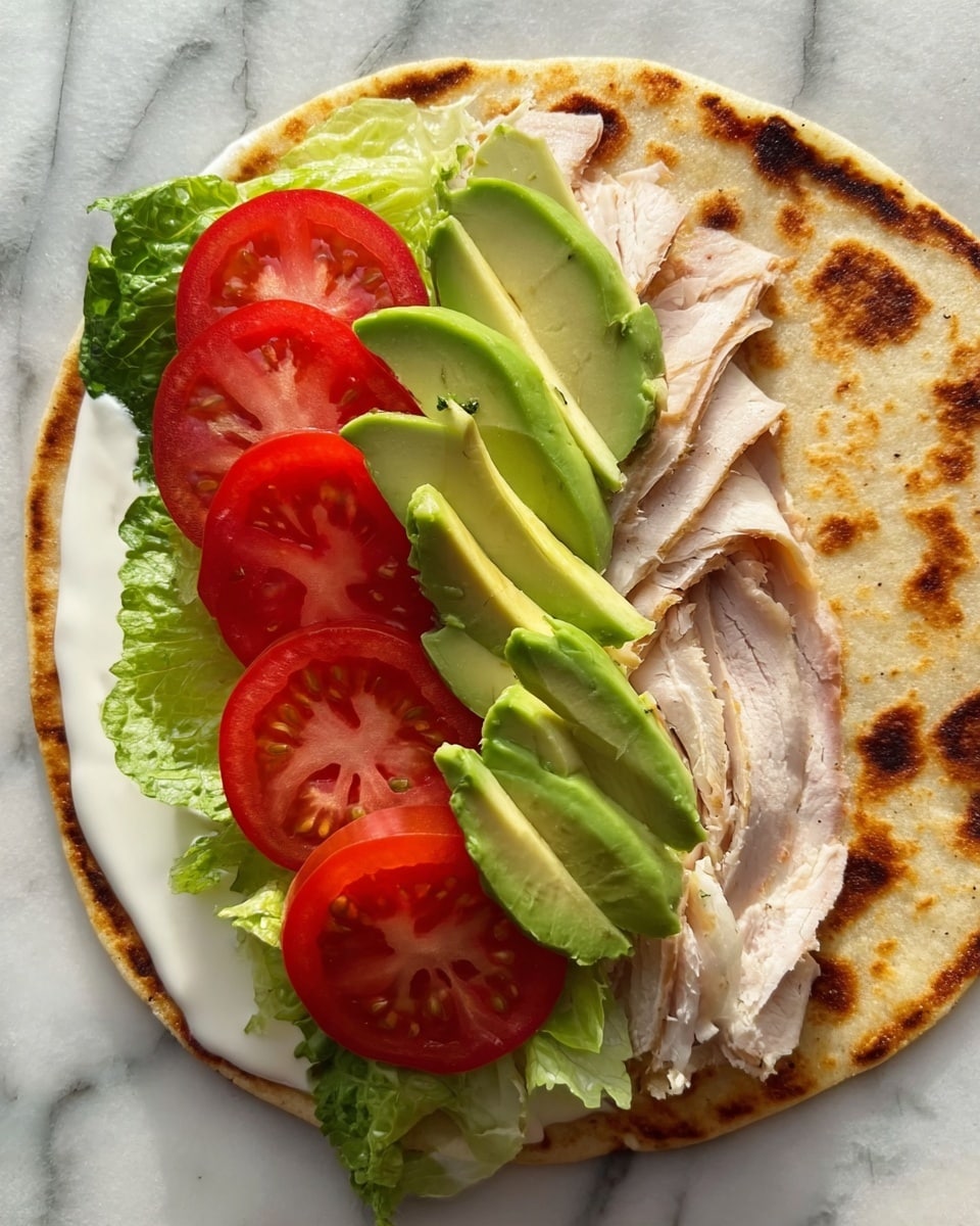 A sandwich wrap cut in half showing three visible layers: a light golden-brown tortilla on the outside with small dark specks, a thick white layer inside that looks like turkey or chicken breast, and a fresh filling of green leafy lettuce, light green avocado slices, red tomato pieces, and white creamy sauce in the center. The halves are placed on a wooden board, with one half slightly leaning on the other. A red and white striped cloth is in the blurred background, along with half of an avocado. The photo taken with an iphone --ar 4:5 --v 7