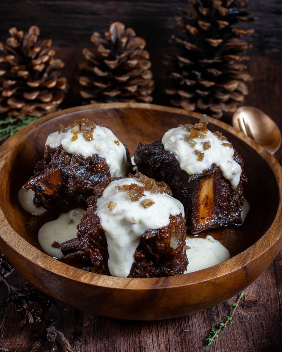 The image shows a wooden bowl filled with three large pieces of dark brown, braised meat, each topped with a thick, creamy white sauce. The meat pieces have a rich, glazed texture with small bits of cooked onions visible on the surface. The bowl rests on a wood-textured surface with pinecones placed around it, contrasting with the dark, rustic background. The overall look is warm and hearty, with the white sauce standing out against the dark meat. photo taken with an iphone --ar 4:5 --v 7