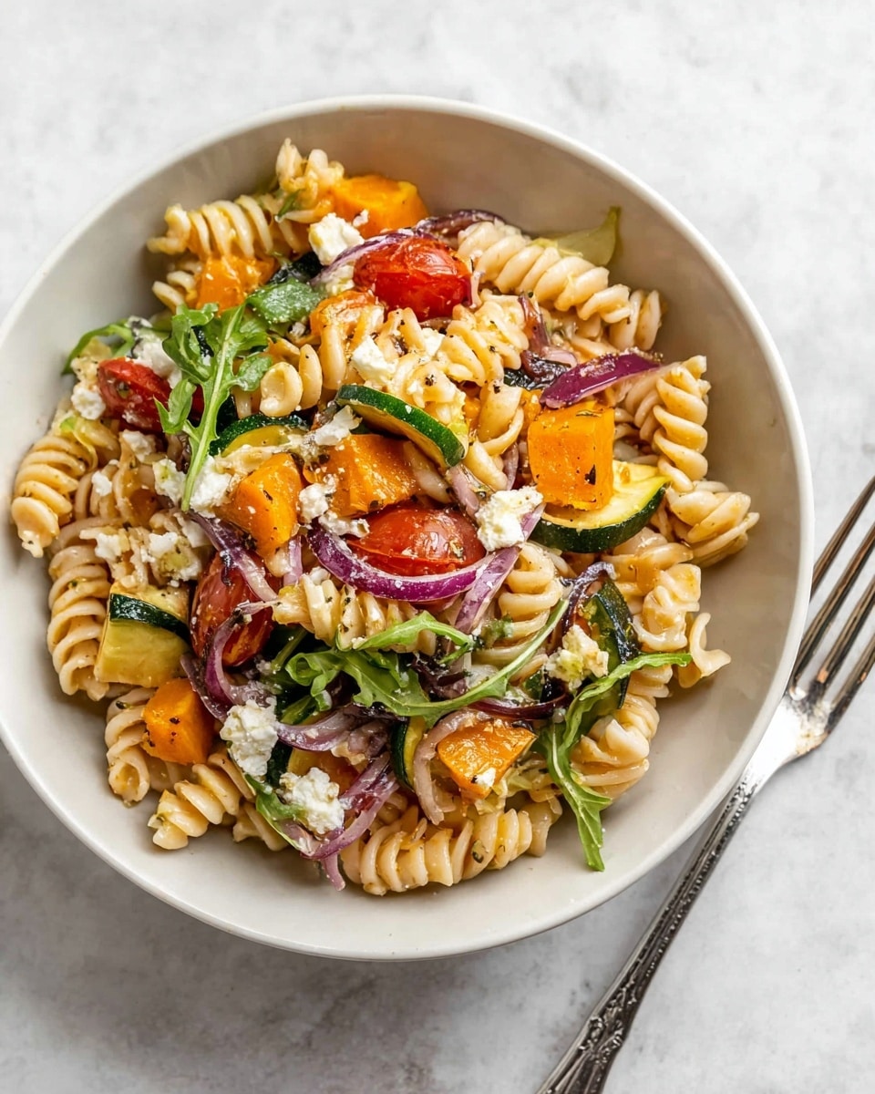 A white bowl filled with pasta salad is shown on a white marbled surface. The salad has three main layers: the base layer is light yellow spiral pasta that fills the bowl; mixed within and on top are chunks of bright green zucchini and orange bell pepper pieces, alongside thin slices of deep purple onion and dark green leafy greens; scattered throughout the salad are crumbles of white cheese and halved red cherry tomatoes adding pops of color and texture. A silver fork rests inside the bowl on the right side. The photo taken with an iphone --ar 4:5 --v 7