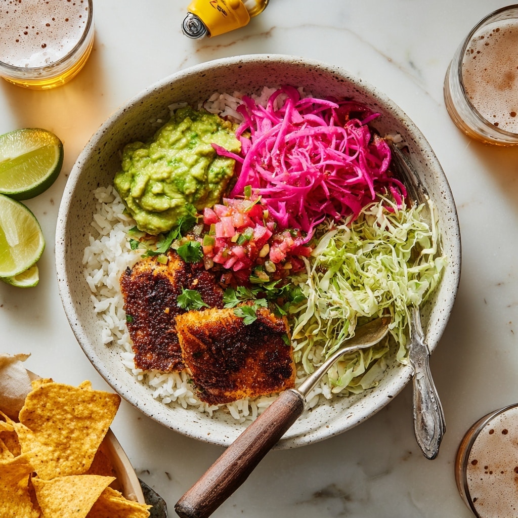 A white speckled plate holds a layered dish starting with a bed of white rice sprinkled with green herbs at the bottom left. On top of the rice, there is a thick piece of blackened, grilled fish with a dark brown crust and white flakes inside, drizzled with green creamy sauce. To the right of the fish, there is a scoop of guacamole, bright green and chunky, and next to it, a fresh mix of diced red tomatoes, white onions, and chopped green herbs. Above the fish, there are thin, light green shredded cabbage and bright pink pickled onions arranged side by side. A quarter of lime with a greenish-yellow shade sits near the guacamole. A wooden-handled fork rests on the plate, with the tines touching the rice and fish. The plate is set on a white marbled surface with a glass of beer, a bottle, and small bowls containing chips and red salsa visible nearby. Photo taken with an iphone --ar 4:5 --v 7
