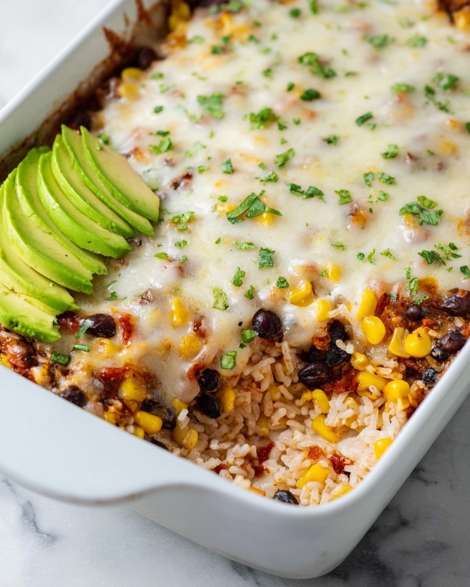 A white speckled plate holds a mixed dish with a base layer of white rice scattered with yellow corn kernels and small pieces of tomato. On top, there are browned, cheesy pieces of chicken mixed with black beans that add contrast in color. Fresh green cilantro is sprinkled throughout the dish. On one side, three slices of bright green avocado fan out, adding a fresh touch to the mix. The plate is set on a white marbled surface. photo taken with an iphone --ar 4:5 --v 7