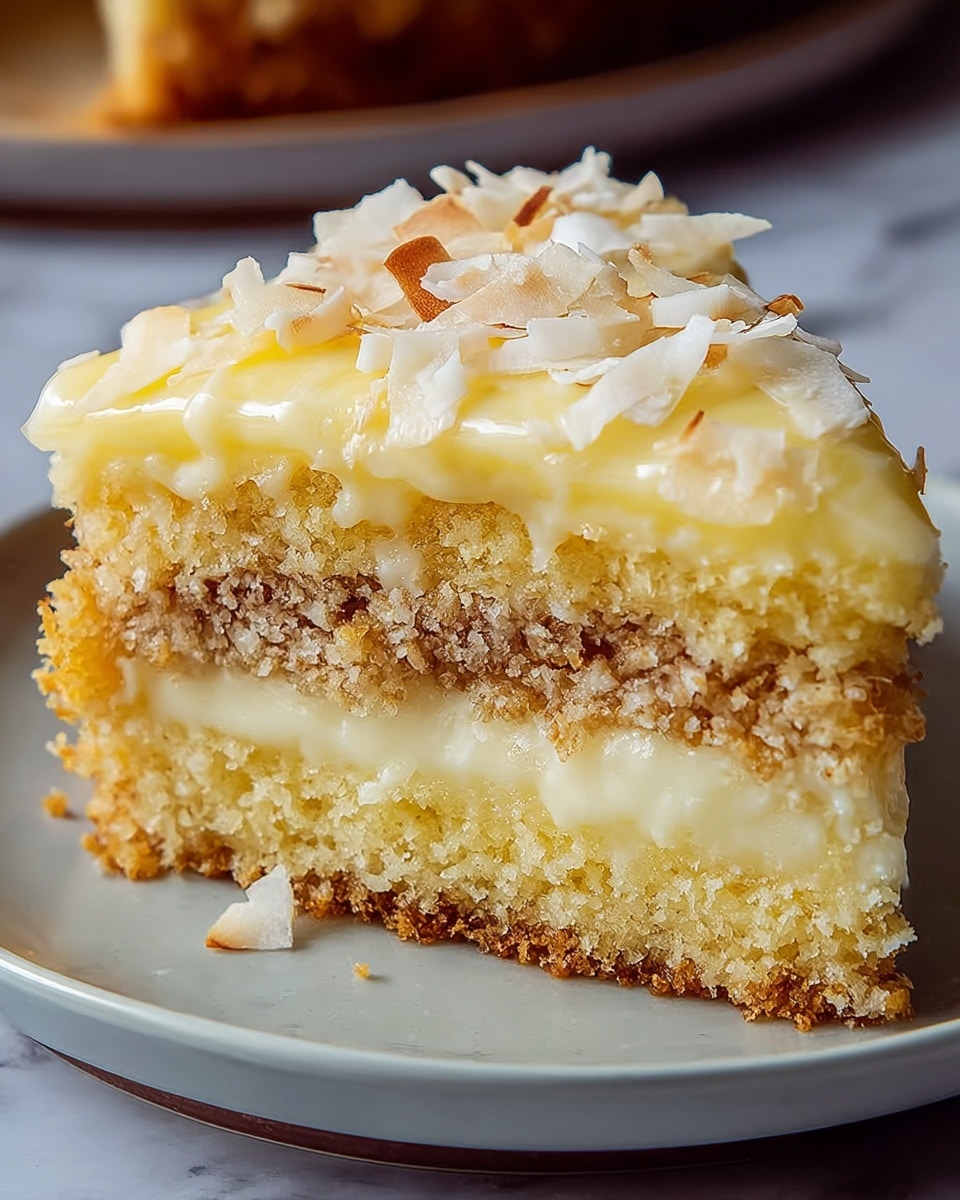 A close-up view of a two-layer cake slice on a white plate, resting on a white marbled surface. The bottom layer is golden-brown and crumbly with a slightly crunchy texture. On top of this is a smooth pale yellow cream filling layer, followed by a second thick layer of soft, moist cake that is light golden in color with visible small bits inside. The cake is topped with a shiny, creamy pale yellow frosting, and scattered on top are white coconut flakes with some golden-brown toasted bits. Photo taken with an iphone --ar 4:5 --v 7