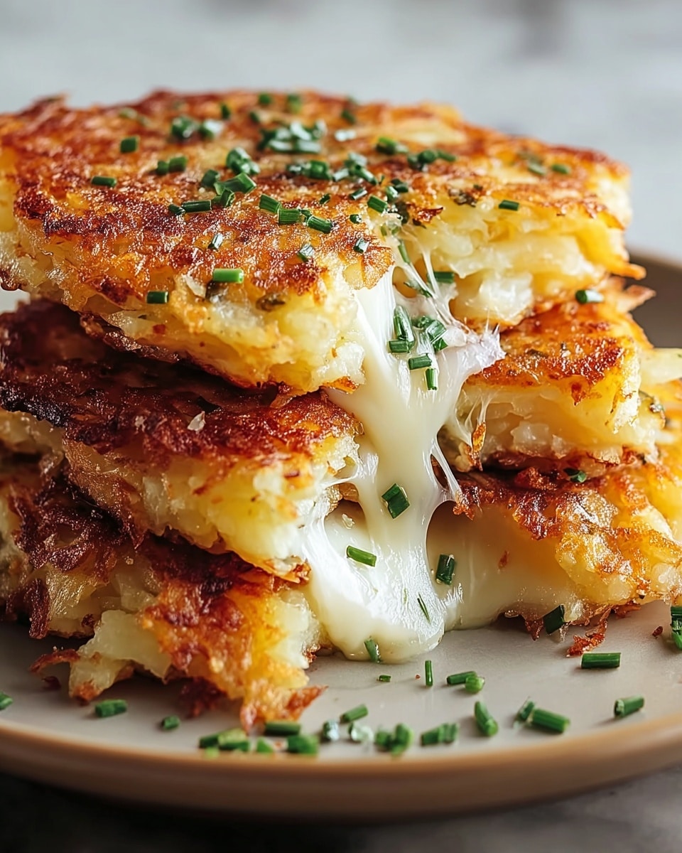 A close-up view of a stack of three golden brown potato pancakes filled with melted white cheese that stretches between each layer, creating gooey strings. The pancakes have a crispy crust with a slightly rough texture, and small green herb pieces are sprinkled on top and around the stack. The potatoes inside look soft and well-cooked, with a slight yellow tint, and the cheese oozes out from the middle of each pancake layer. The whole stack sits on a white marbled textured surface. photo taken with an iphone --ar 4:5 --v 7