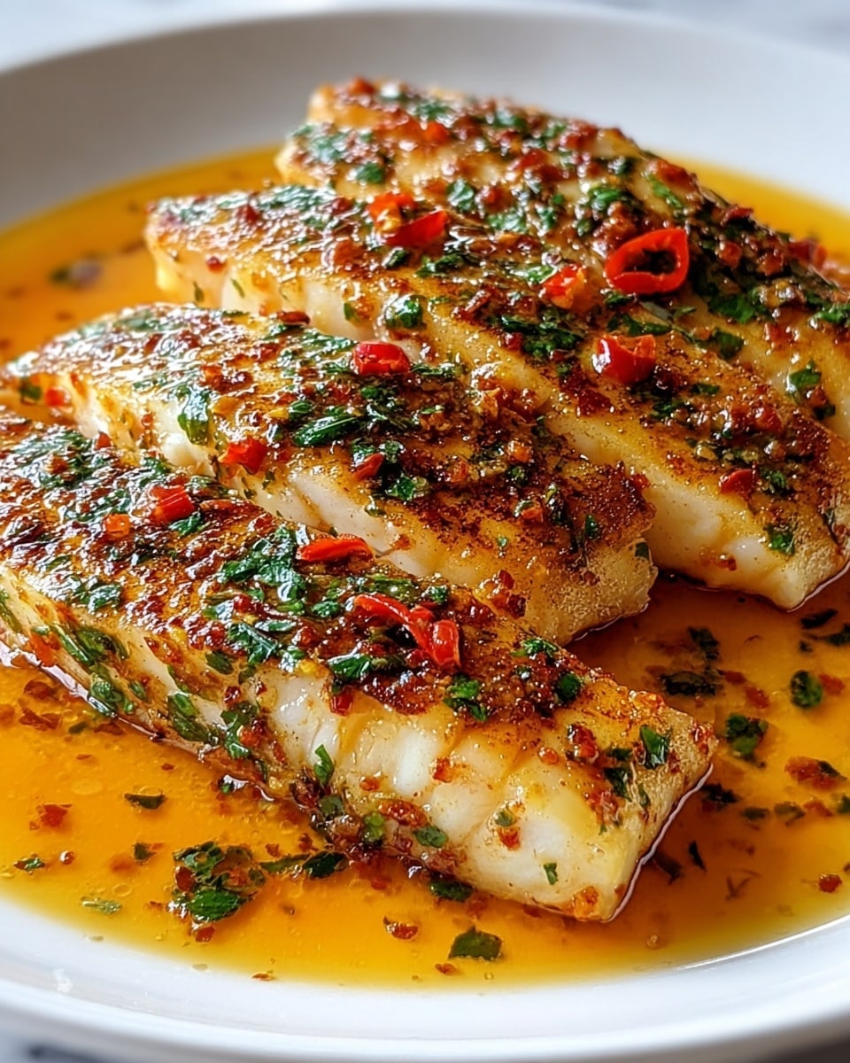 Three grilled white fish fillets with a golden brown crust, topped with small bits of red seasoning and green herbs. The fillets are served in a creamy yellow sauce speckled with red spices and chopped green herbs, all resting on a white plate. The texture of the fish shows delicate flaking. The background is a white marbled texture. Photo taken with an iphone --ar 4:5 --v 7