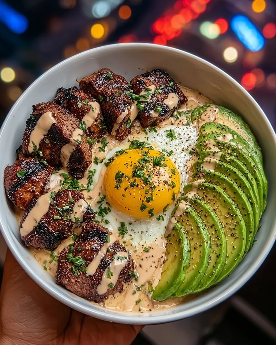 A round black bowl contains a visually rich dish with four main layers; at the bottom is a creamy light brown sauce filling the base of the bowl. On one side, there are five thick slices of dark grilled meat with charred edges, each slice drizzled with the same brown sauce and sprinkled with finely chopped green herbs. Next to the meat, three fresh green avocado slices are neatly arranged, sprinkled with black pepper. At the top of the bowl, a sunny-side-up egg with a bright yellow yolk and a white cooked edge is garnished with green herbs. The bowl is held by a woman's hand against a blurred colorful city background, and the surface underneath the bowl is a white marbled texture. photo taken with an iphone --ar 4:5 --v 7