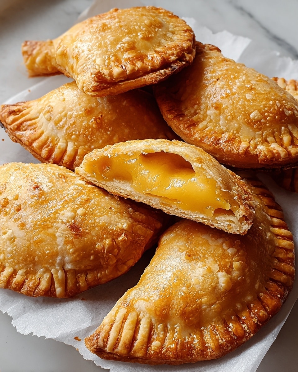 Four golden brown pastry pockets sit on a white plate lined with white parchment paper over a white marbled texture. Each pocket is half-moon shaped with crimped edges, showing a rough texture from baking. One pastry is cut open, revealing a glossy, smooth, light yellow filling inside. The pastry surface is shiny with an uneven pattern of bubbles and baked spots. photo taken with an iphone --ar 4:5 --v 7