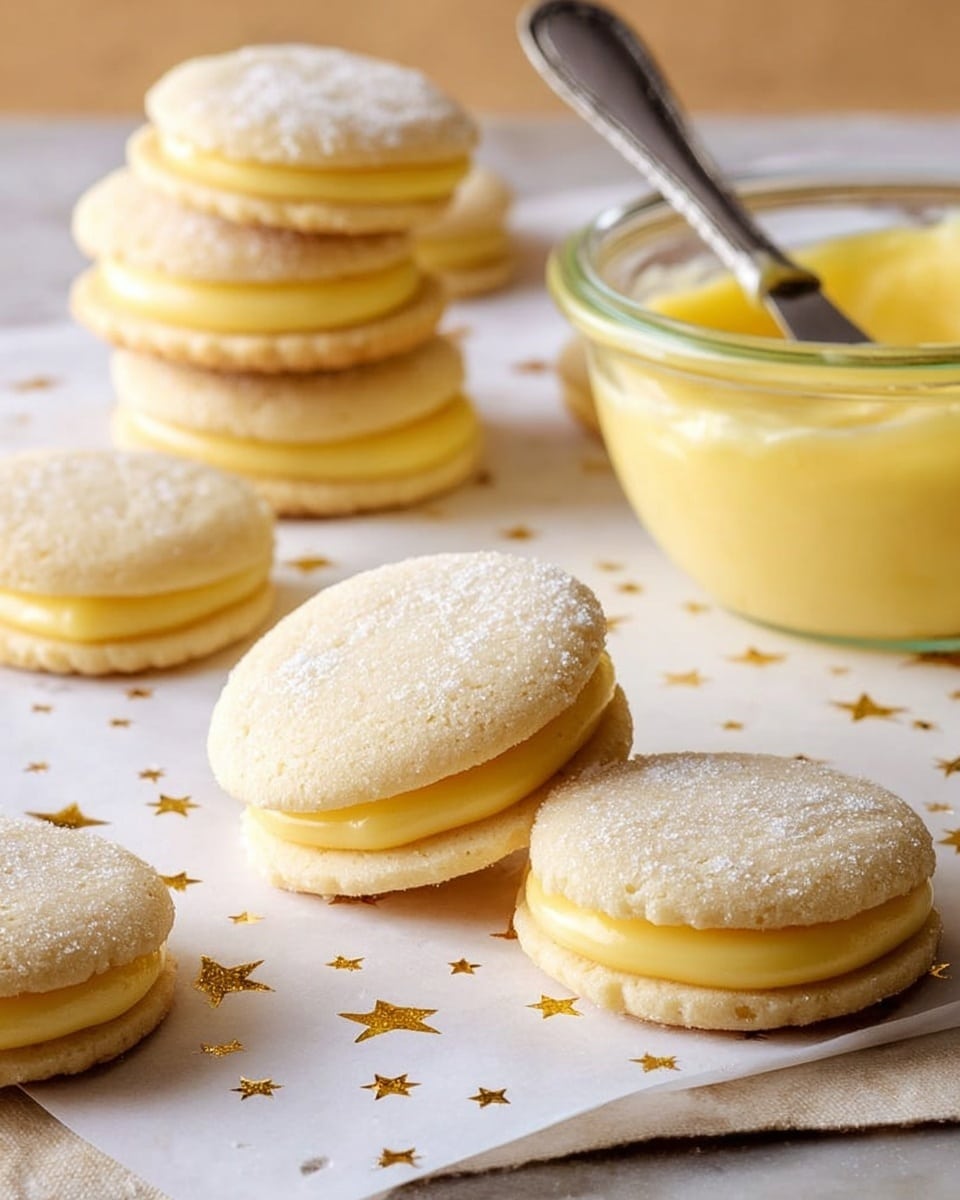 The image shows several round sandwich cookies on white parchment paper with gold stars, placed on a white marbled surface. Each cookie has two light golden, smooth, sugar-coated layers with a soft texture, sandwiched around a thick, glossy, bright yellow lemon curd filling that slightly oozes out at the edges. Some cookies are stacked, while others lie flat, with one cookie open-faced showing the filling clearly. In the background, there is a clear glass bowl filled with the lemon curd and a small knife resting on top, coated with some curd. The colors are soft and warm, highlighting the cookie texture and shiny lemon curd. Photo taken with an iphone --ar 4:5 --v 7