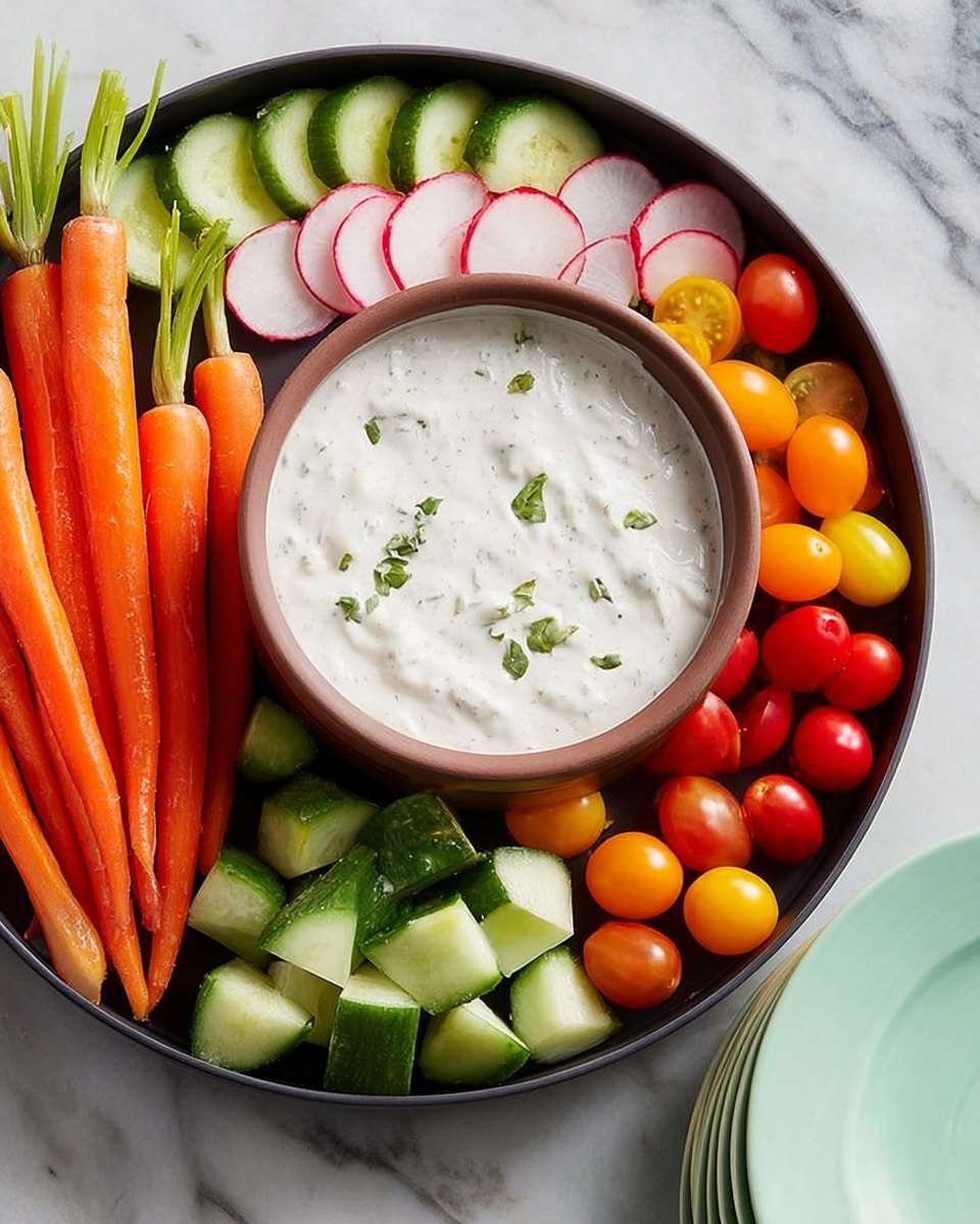 A white marbled surface holds a black rectangular tray filled with fresh vegetables arranged around a brown bowl of thick white dip sprinkled with small green herb pieces. On the left side of the tray, there are whole small orange carrots with green tops, next to bright red whole and sliced radishes. Below the dip, several chunky green cucumber slices are stacked. On the lower right side, small round yellow and orange cherry tomatoes fill the space. In the top right corner, a stack of white plates sits. Photo taken with an iphone --ar 4:5 --v 7