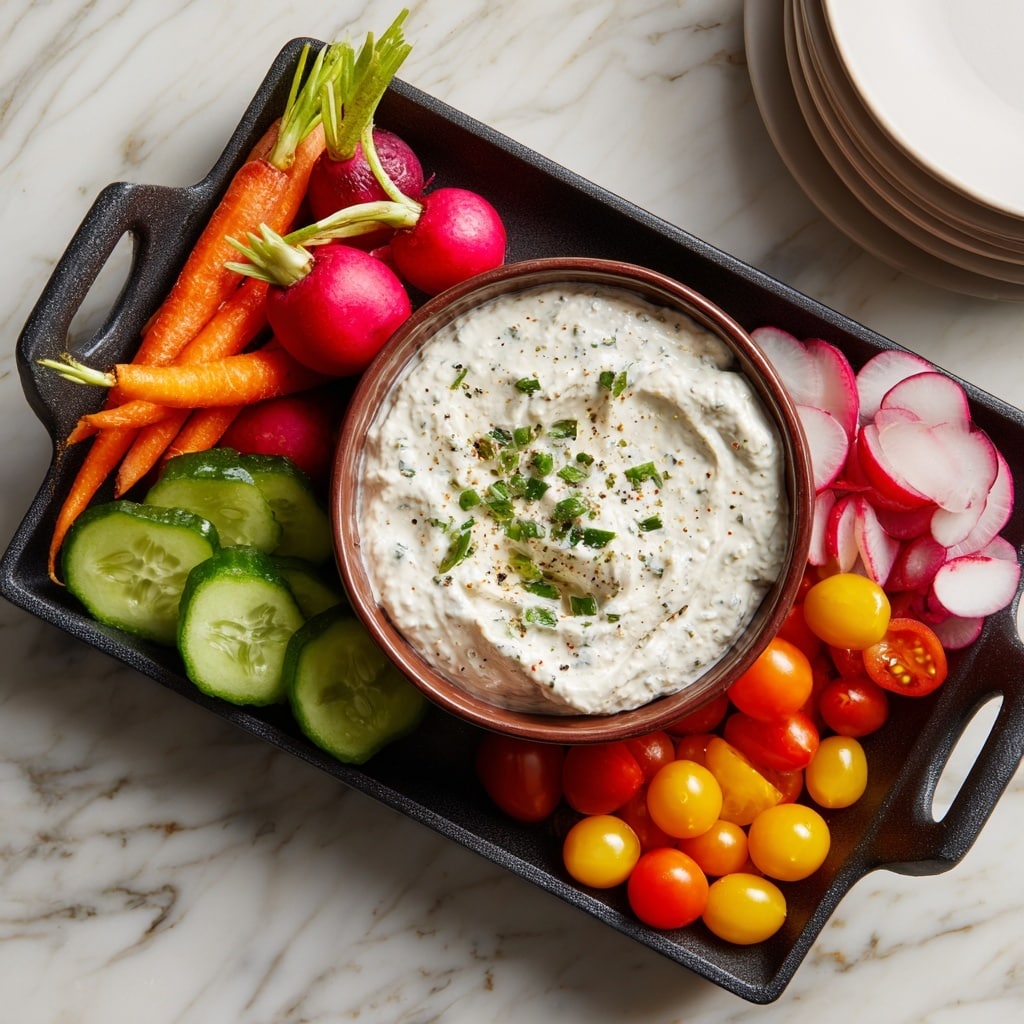 A white marbled surface holds a black tray filled with fresh vegetables and a bowl of creamy dip. The tray is arranged with bright orange whole carrots with green tops on the left side. Near the bottom edge, large chunks of green cucumber are placed, showing a fresh inner texture. On the top left corner, thick round slices of cucumber rest beside halved red radishes with white insides, scattered along the top edge. On the right side of the tray, multiple small, round cherry tomatoes in orange, yellow, and red colors are clustered together. In the center of the tray, a brown bowl contains a creamy white dip with small green herb pieces sprinkled on top. Next to the tray on the right side, a stack of light green plates sits on the white marbled surface. Photo taken with an iphone --ar 4:5 --v 7
