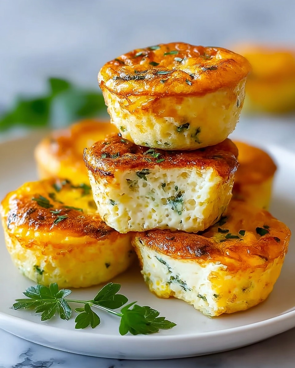 A white plate holds five small, round egg bites stacked in a pyramid shape, with three at the bottom, one in the middle, and one on top. Each egg bite is about two layers: the bottom and sides are a soft, creamy white with small green herb pieces visible inside, while the tops are golden brown and slightly crispy with hints of grilled texture and sprinkled green herbs. The background has a subtle blur with a white marbled texture surface underneath the plate. photo taken with an iphone --ar 4:5 --v 7