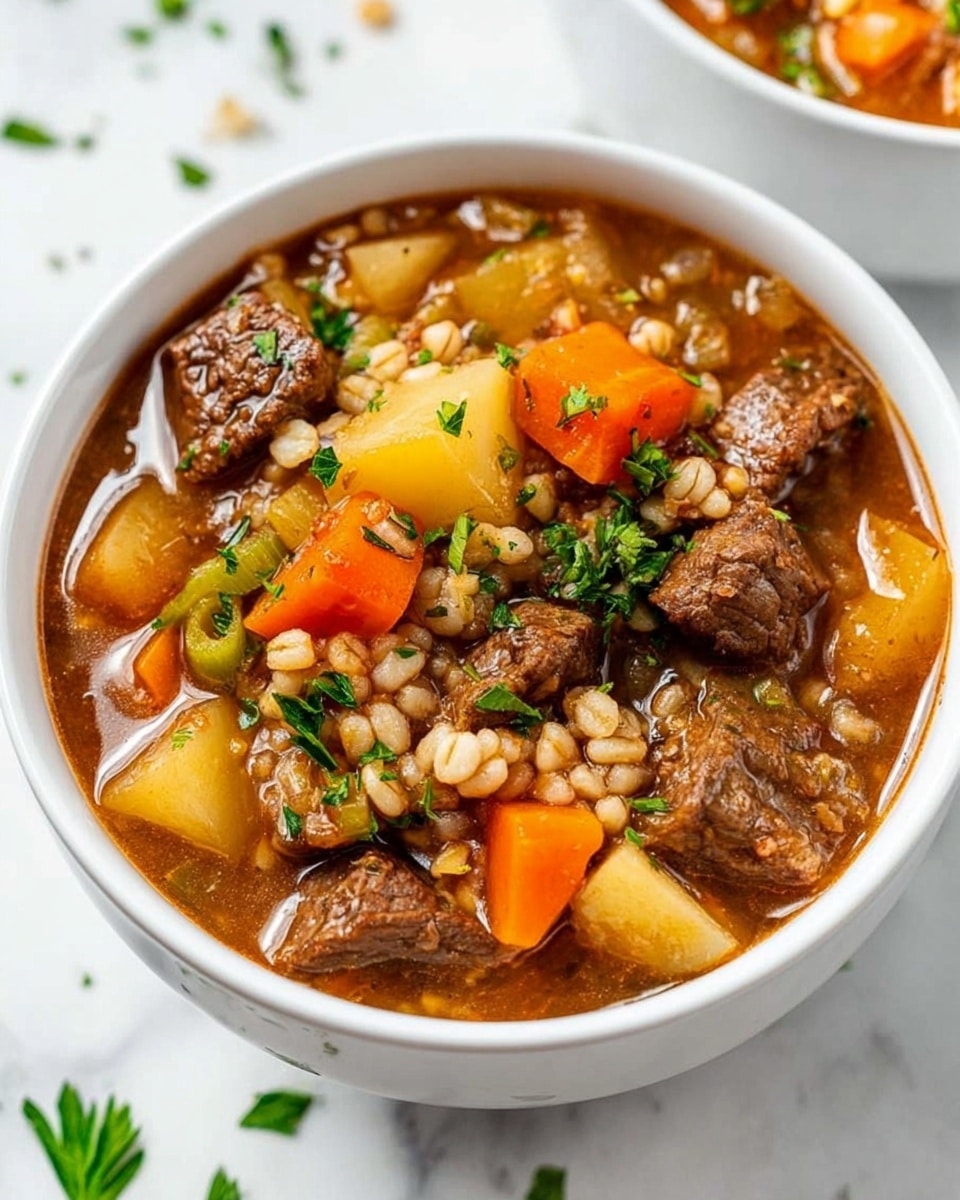 A white bowl filled with a thick beef stew that has visible layers of brown stew broth, tender chunks of brown beef pieces, bright orange carrot slices, yellow potato cubes, small light tan barley grains, and vibrant green parsley leaves sprinkled on top. The bowl is set on a white marbled surface with some parsley pieces scattered around. The stew looks warm and hearty with a mix of soft and chunky textures. photo taken with an iphone --ar 4:5 --v 7