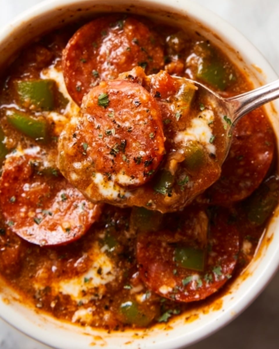 A close-up image of a spoon scooping a thick stew filled with slices of pepperoni and chunks of melted cheese, small pieces of green bell pepper, all mixed into a rich, brownish-red sauce. The stew is served in a white bowl resting on a white marbled surface, showing a cozy and hearty dish with visible herbs sprinkled on top. The spoon is held by a woman's hand, positioned slightly above the bowl, emphasizing the texture of the spicy and cheesy mixture. Photo taken with an iphone --ar 4:5 --v 7