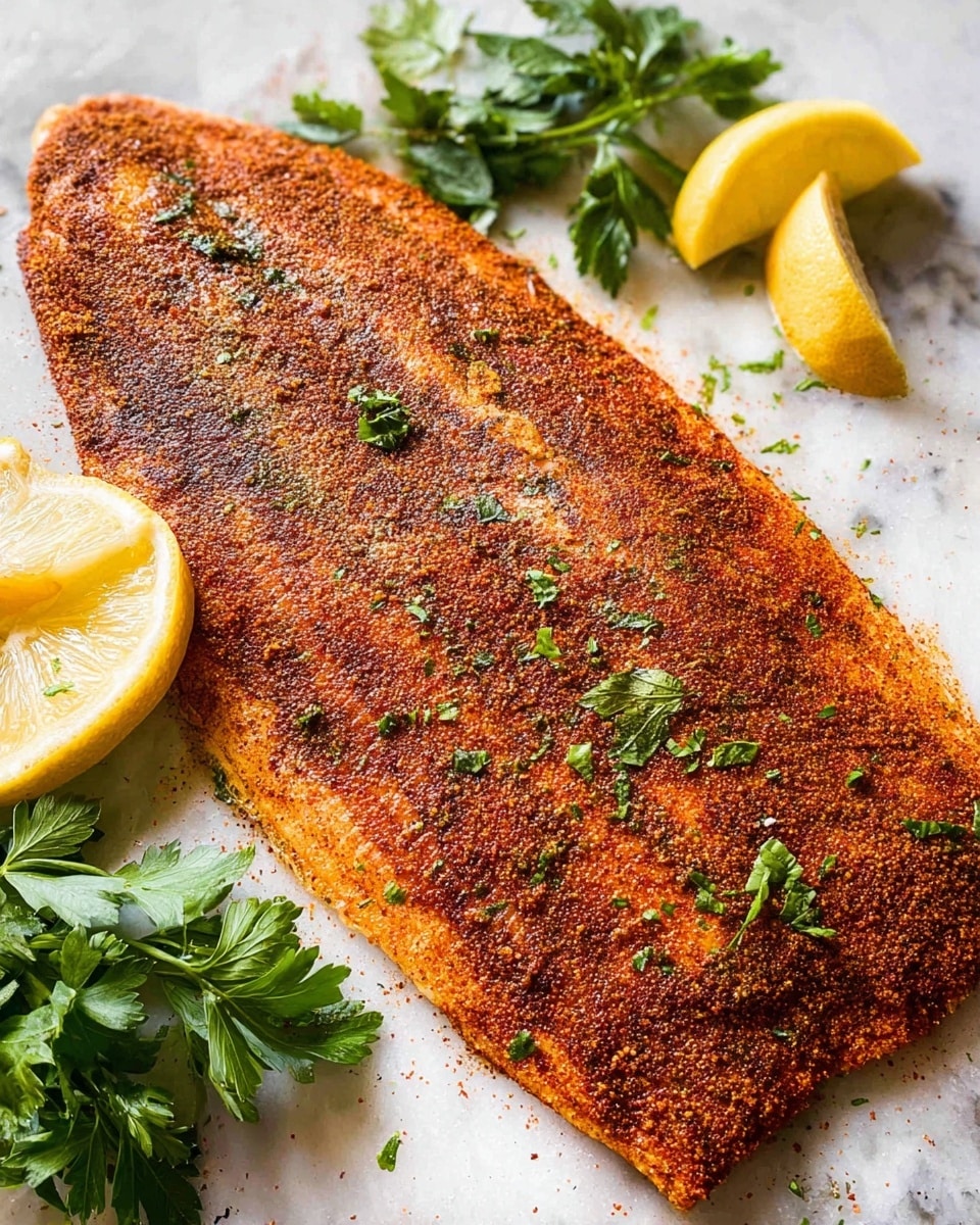 A large cooked fish fillet with a brownish-red spice crust covers the whole center of the white marbled surface. The spice layer has a rough texture and is sprinkled with small green herb leaves. To the left of the fillet, three lemon wedges, light yellow with white inside, are placed alongside a bunch of fresh, bright green parsley leaves. To the right, two lemon wedges rest on the white marbled texture. The image shows good lighting highlighting the spices and herbs on the fish. photo taken with an iphone --ar 4:5 --v 7
