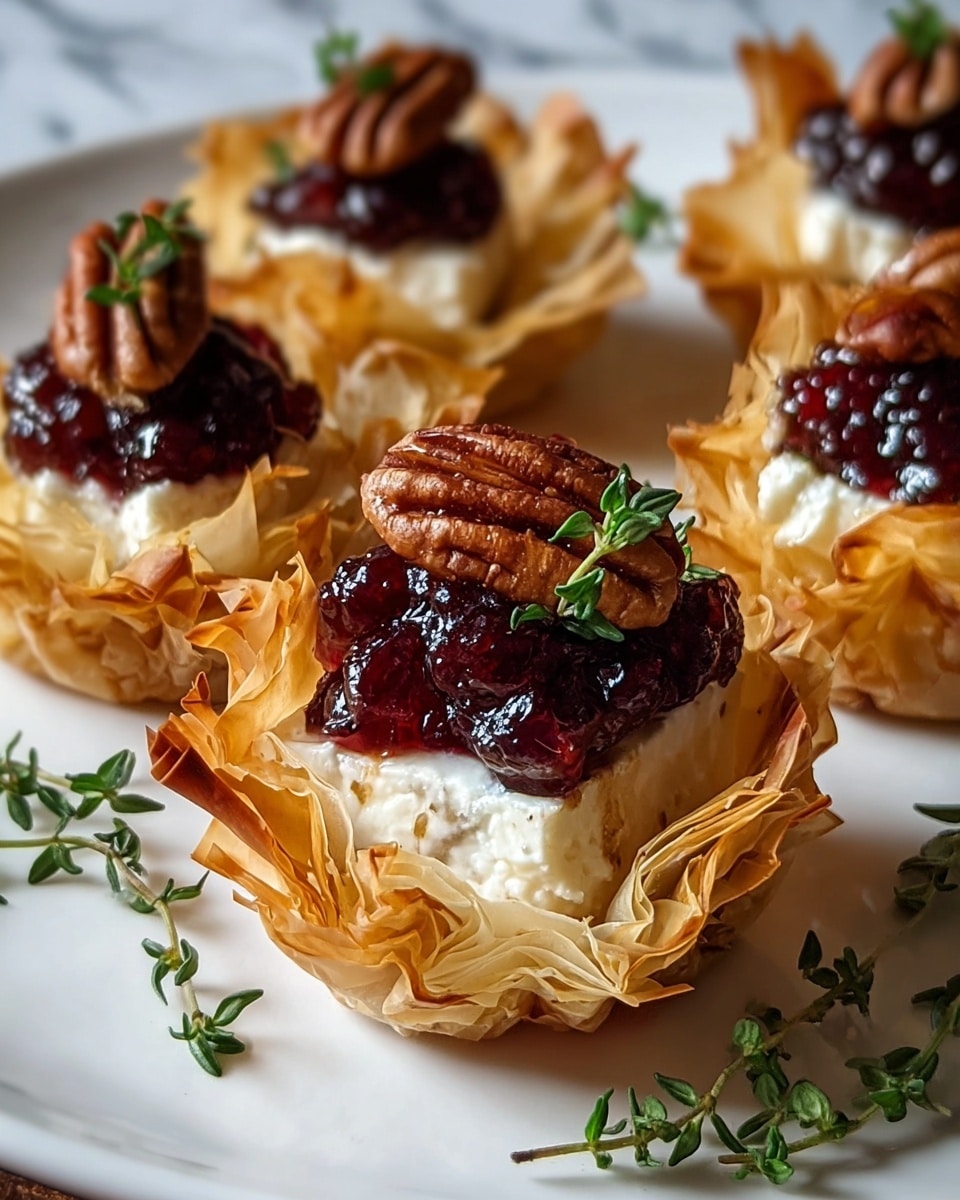 The image shows several small, delicate cups made from light, crispy layers of golden brown filo pastry, each filled with a creamy white cheese layer. On top of the cheese, there is a layer of glossy, deep red cranberry sauce, and scattered around are warm brown toasted walnuts. Each cup is decorated with a small, fresh green sprig of thyme, adding contrast in color. These cups are arranged on a white plate, placed on a white marbled surface, with a few extra thyme sprigs lying around for decoration. The photo taken with an iphone --ar 4:5 --v 7