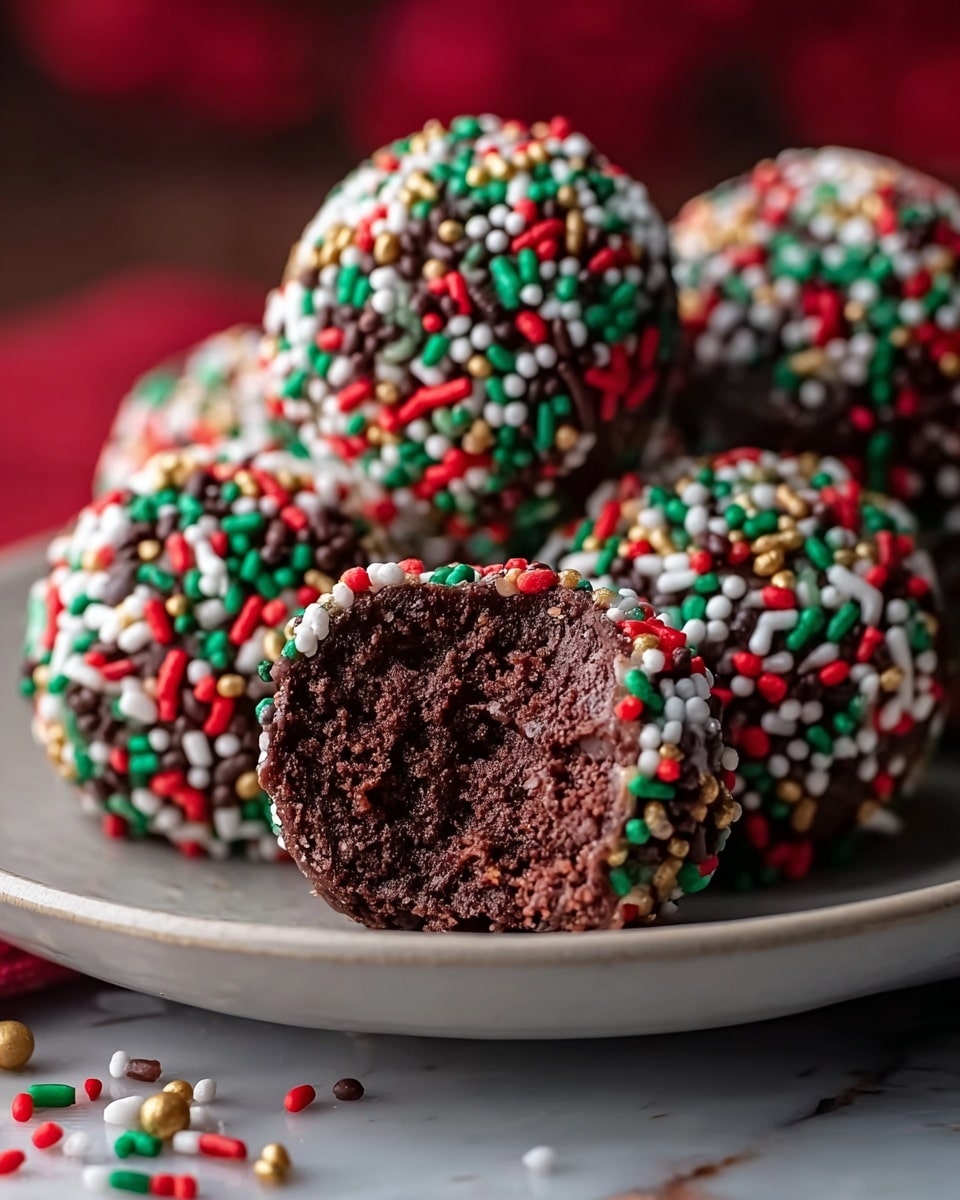 The image shows several round chocolate balls on a white speckled plate placed on a white marbled surface. Each ball has two main layers: the inside layer has a dark brown, rough, and textured chocolate surface, visible with one ball partially bitten to show its dense and rich chocolate center. The outer layer is covered with small colorful round sprinkles in green, red, white, yellow, and brown, giving a festive and crunchy look. The background has blurred red and green decorations, enhancing a holiday feel. photo taken with an iphone --ar 4:5 --v 7