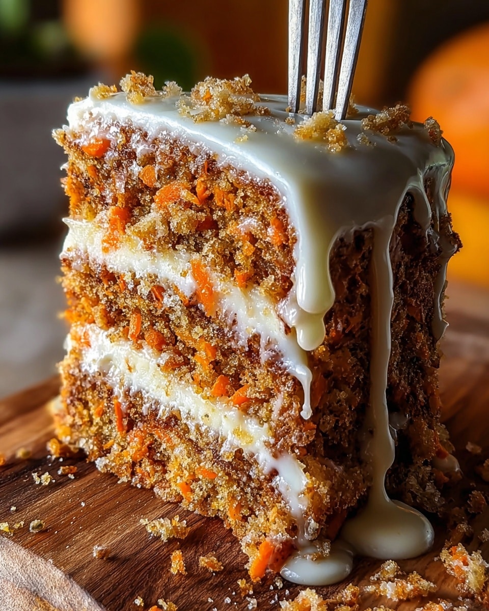 A close-up image of a thick slice of carrot cake showing three layers with a moist texture and visible orange carrot shreds and light brown crumbs. Between each layer is a thin spread of creamy white frosting. The cake is topped with a thick, glossy layer of white frosting that drips down the sides, catching light, with small bits of crumb sprinkled on top. A silver fork is inserted vertically into the top of the cake slice. The slice sits on a wooden surface with crumbs scattered around, and the background is softly blurred with warm tones. photo taken with an iphone --ar 4:5 --v 7